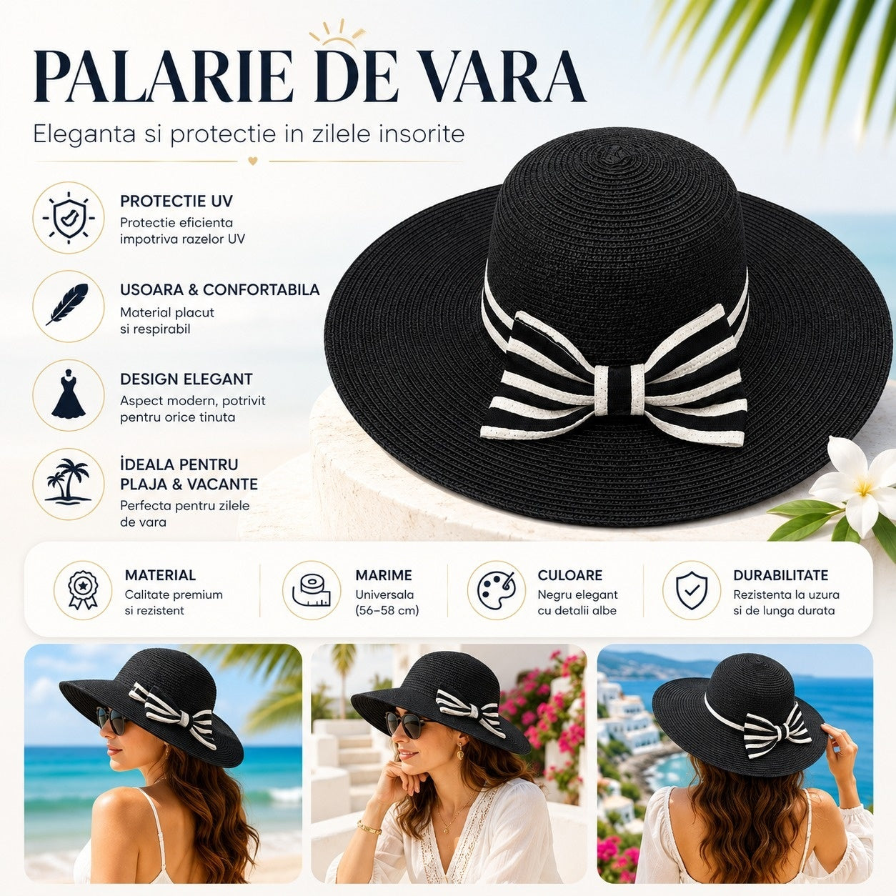Palarie de Vara Eleganta pentru Femei, Neagra cu Fundita Contrastanta si Bor Lat