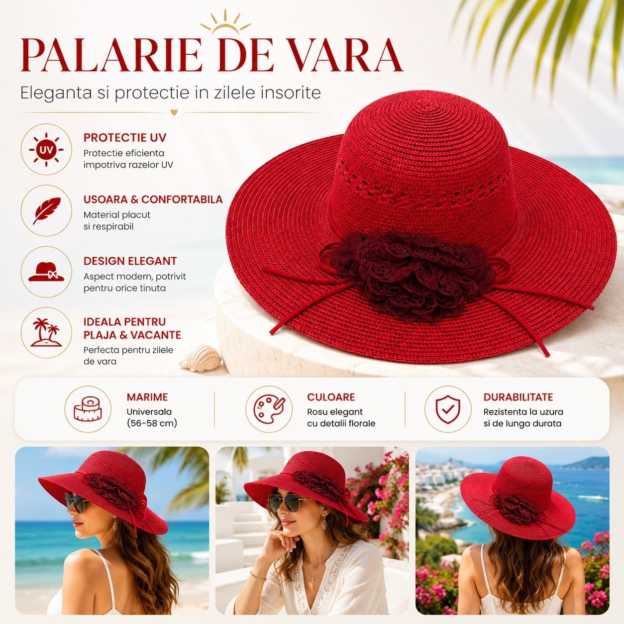 Palarie de Vara Eleganta pentru Femei, Rosie, cu Bor Lat si Detalii Florale