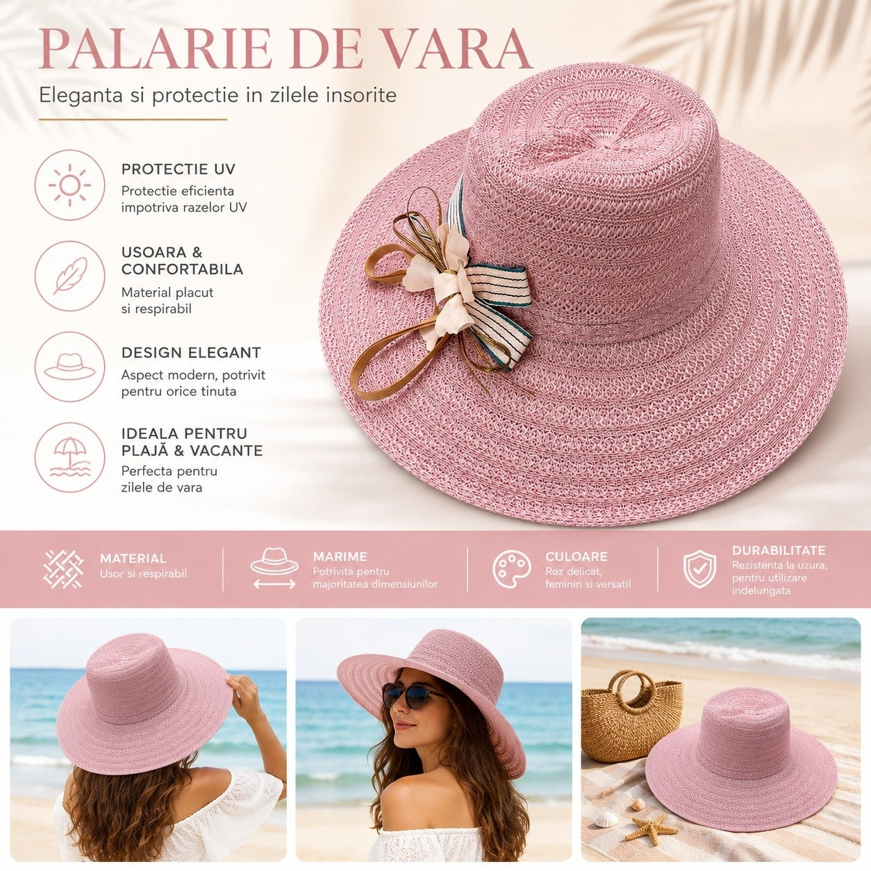 Palarie de Vara Eleganta pentru Femei, Roz Pastel cu Bor Lat si Detalii Decorative