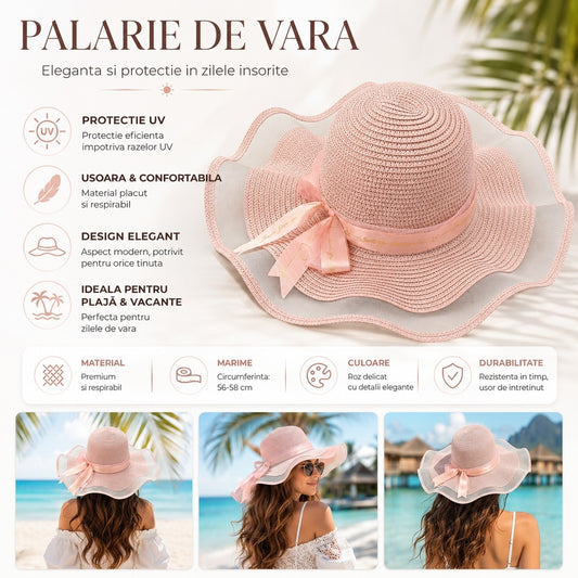 Palarie de Vara Eleganta pentru Femei, Roz Pudrat cu Bor Ondulat si Fundita