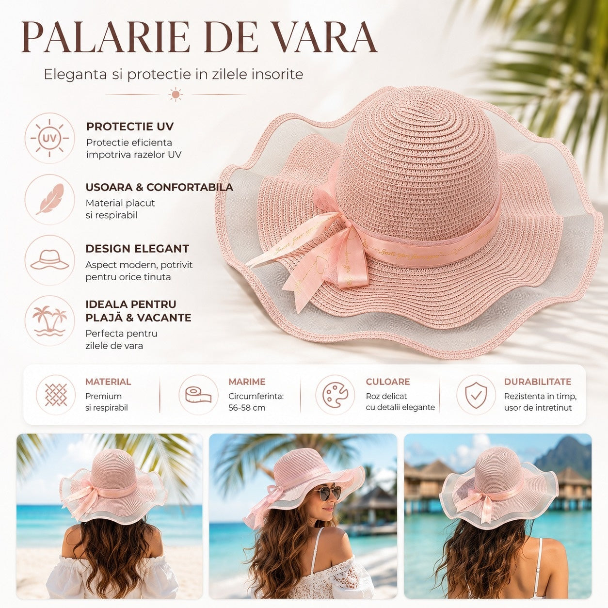 Palarie de Vara Eleganta pentru Femei, Roz Pudrat cu Bor Ondulat si Fundita