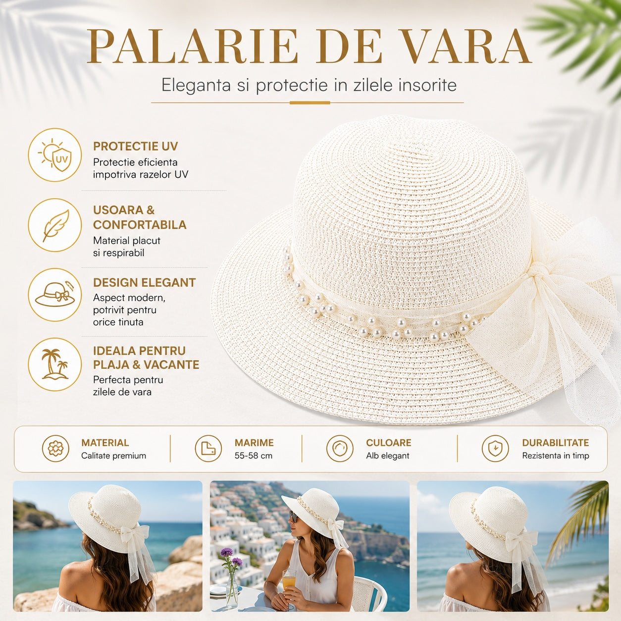 Palarie de vara eleganta pentru plaja, vacante si protectie solara zilnica