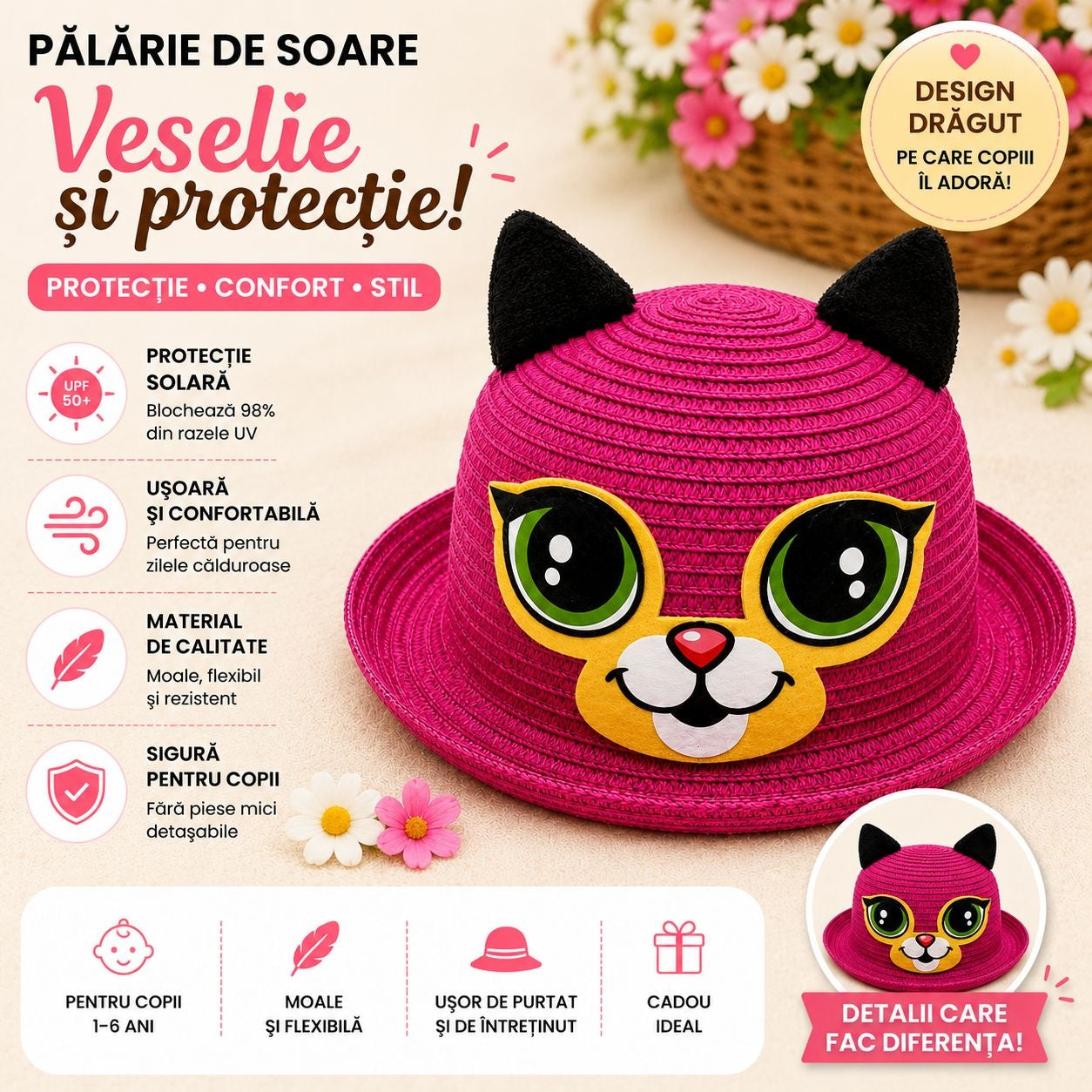 Palarie de Vara Fucsia pentru Copii, cu Design Pisicuta si Protectie UV