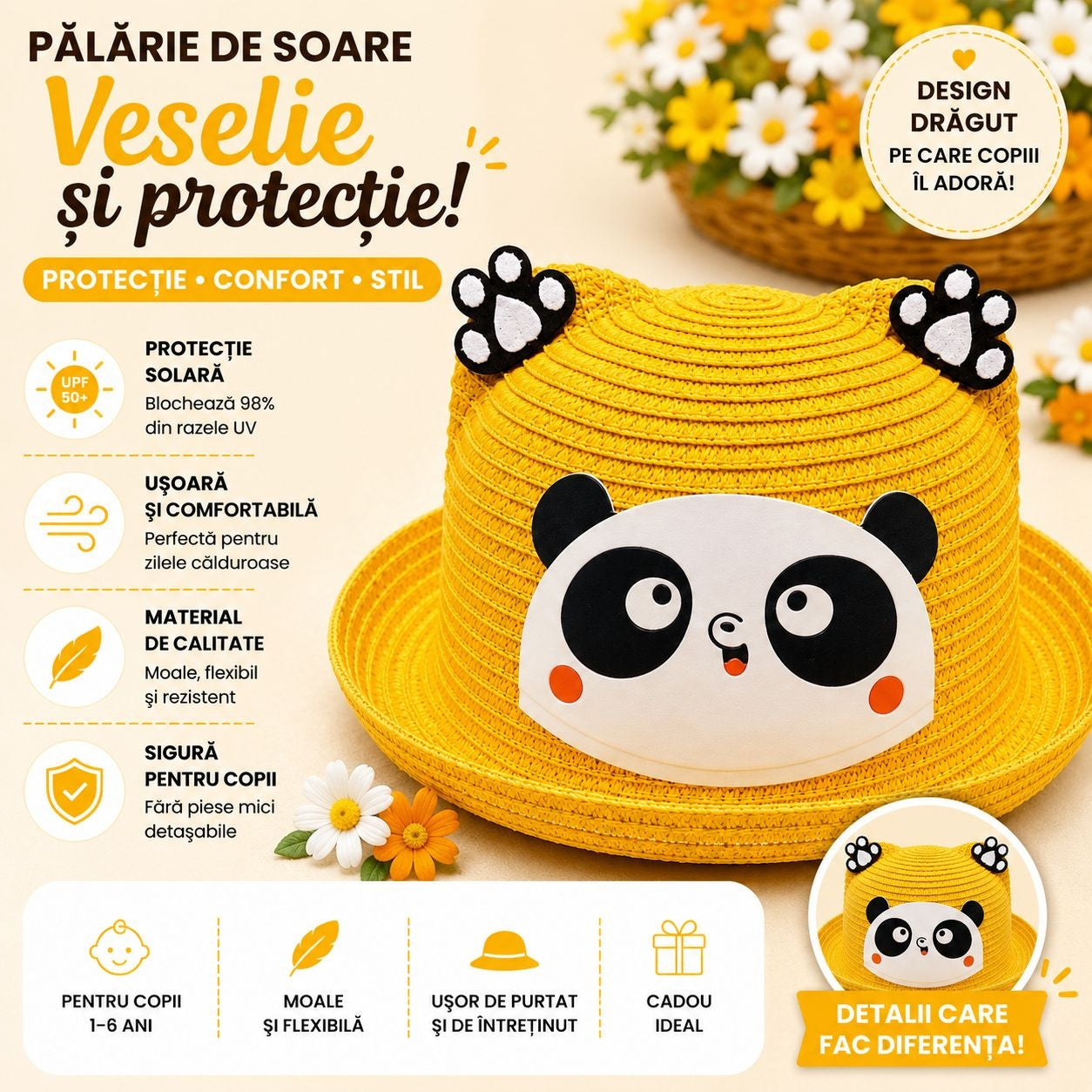 Palarie de Vara Galben Mustar cu Panda pentru Copii, Protectie UV si Design Vesel
