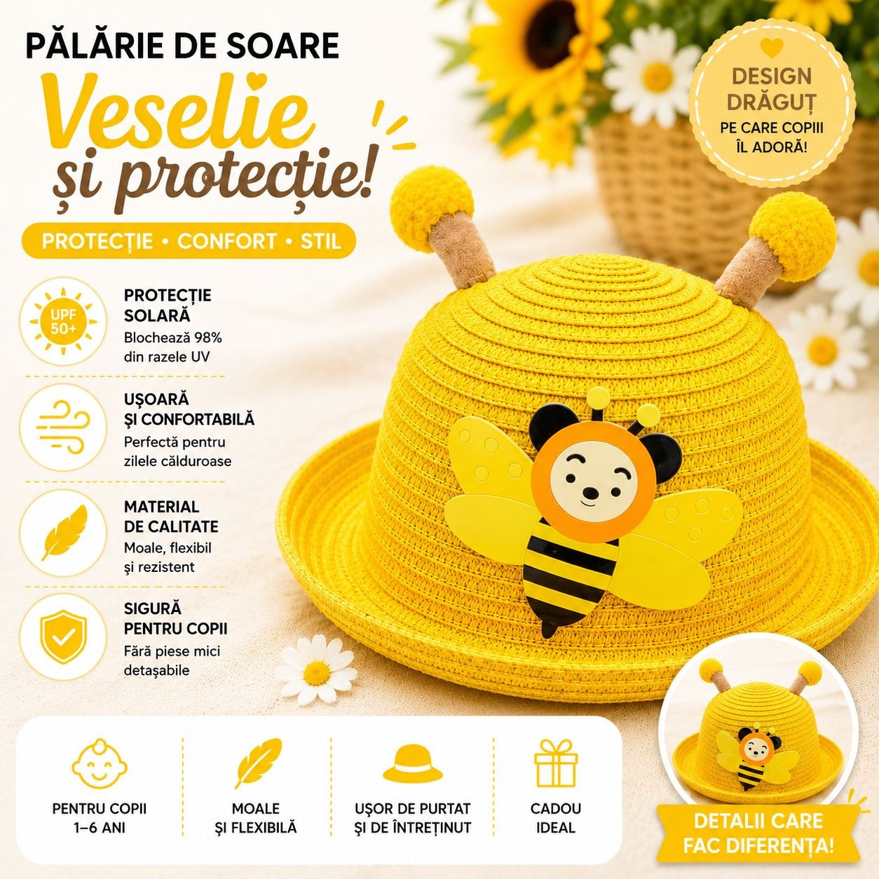 Palarie de Vara Galbena pentru Copii, cu Design Albina si Protectie UV