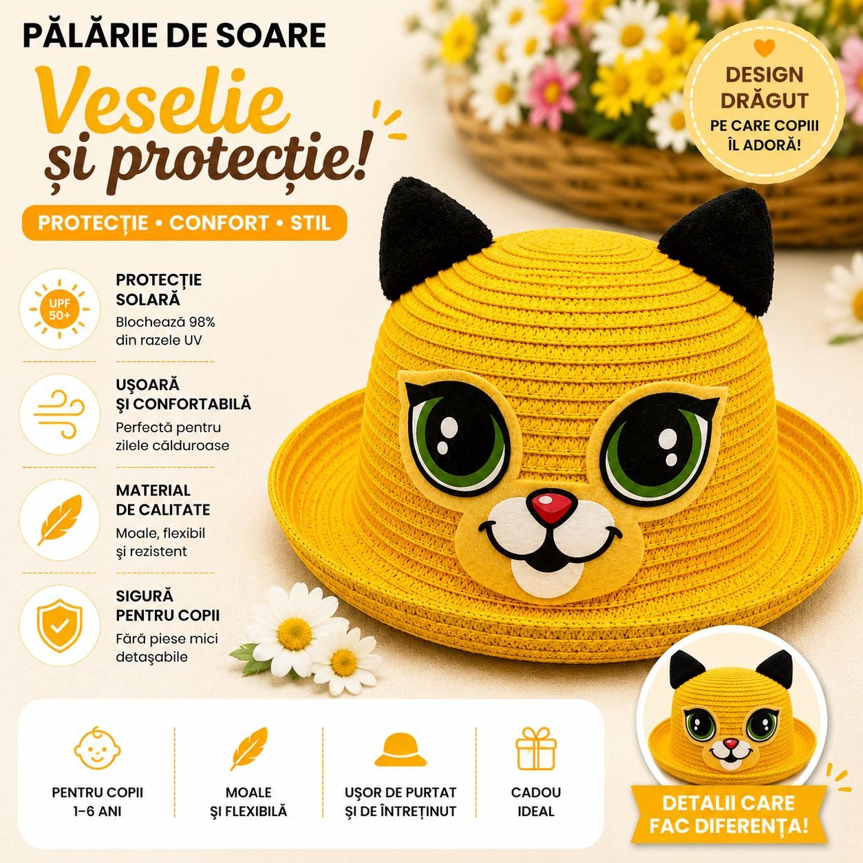 Palarie de Vara Galbena pentru Copii, cu Design Pisicuta si Protectie UV