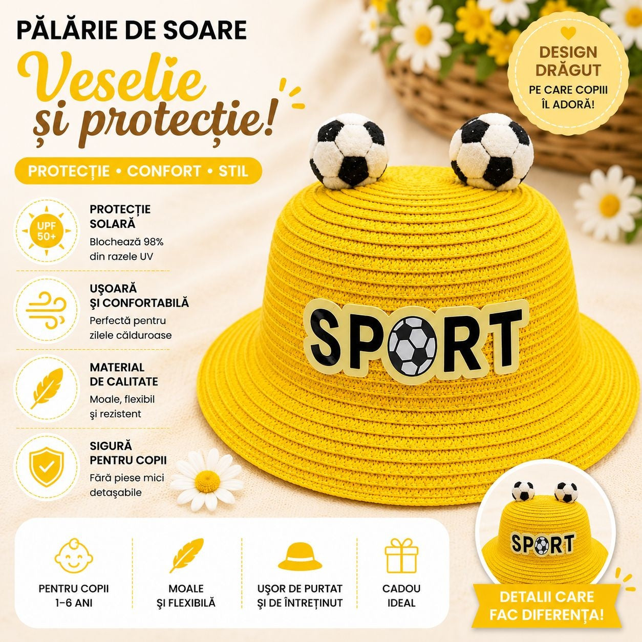 Palarie de Vara Galbena Sport pentru Copii, cu Design Minge Fotbal si Protectie UV
