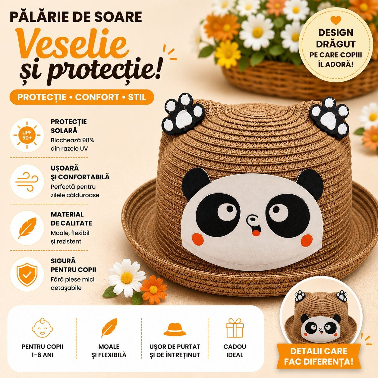 Palarie de Vara Maro Caramel cu Panda pentru Copii, Protectie UV si Design Vesel