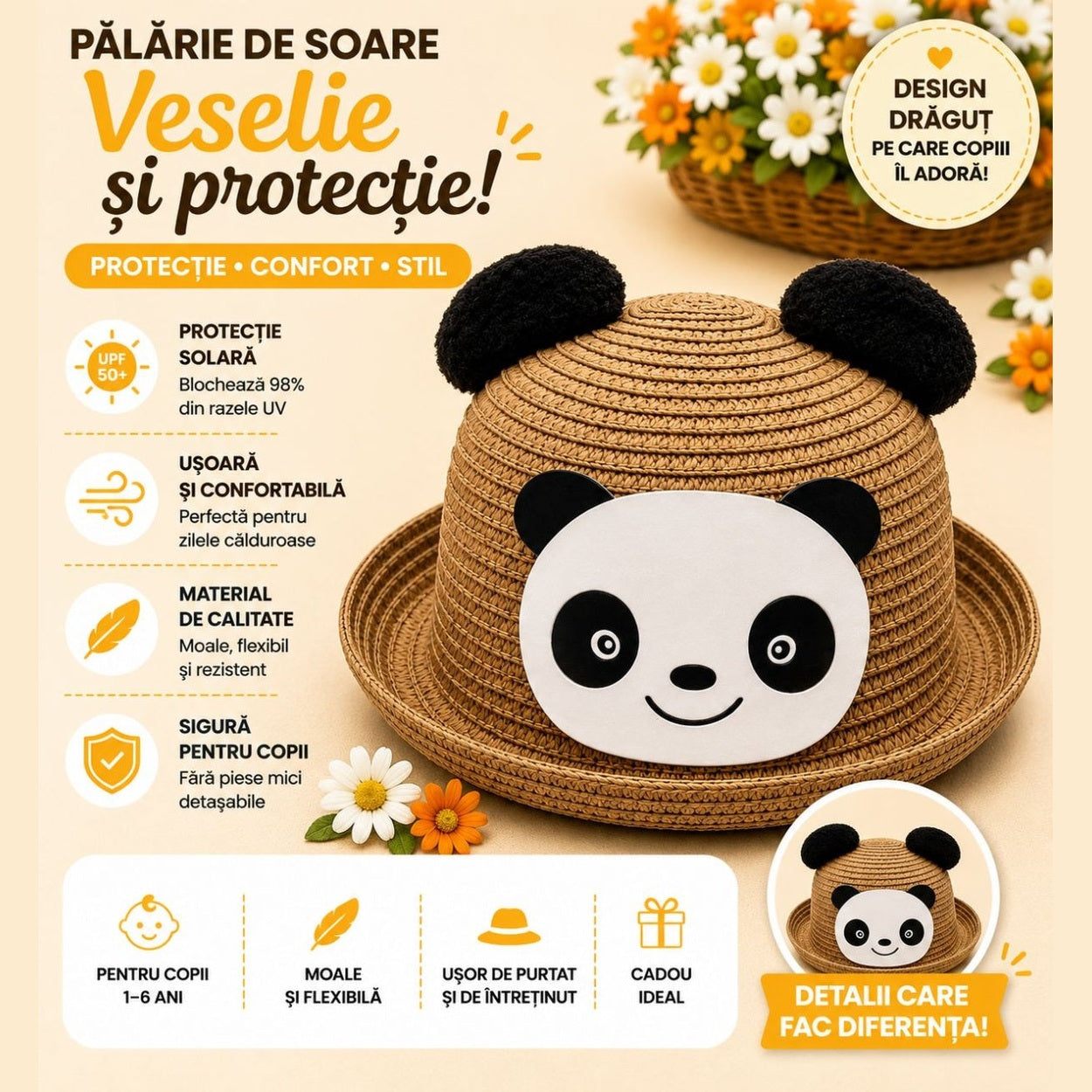 Palarie de Vara Maro Deschis cu Panda pentru Copii, Protectie UV si Design Vesel