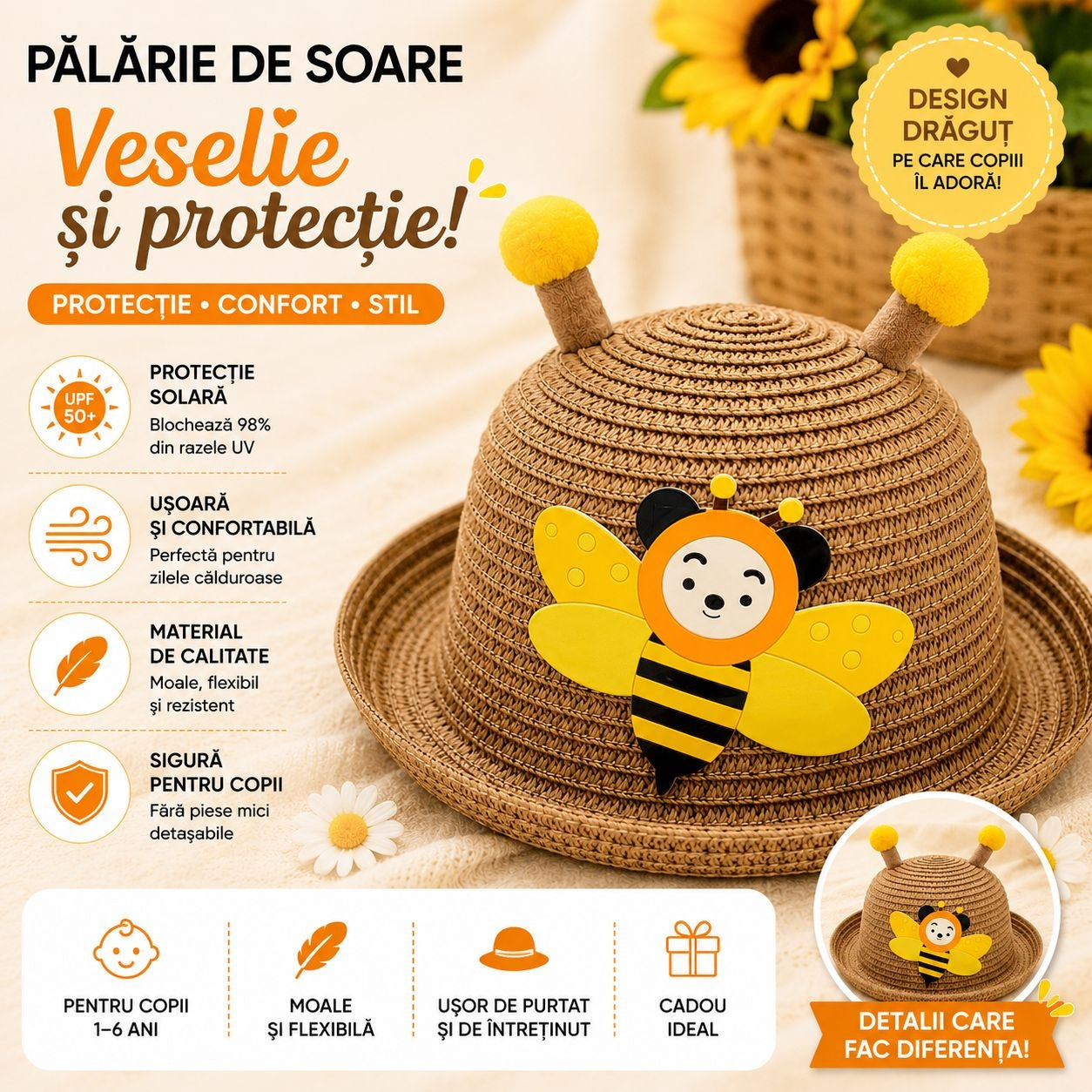 Palarie de Vara Maro pentru Copii, cu Design Albina si Protectie UV