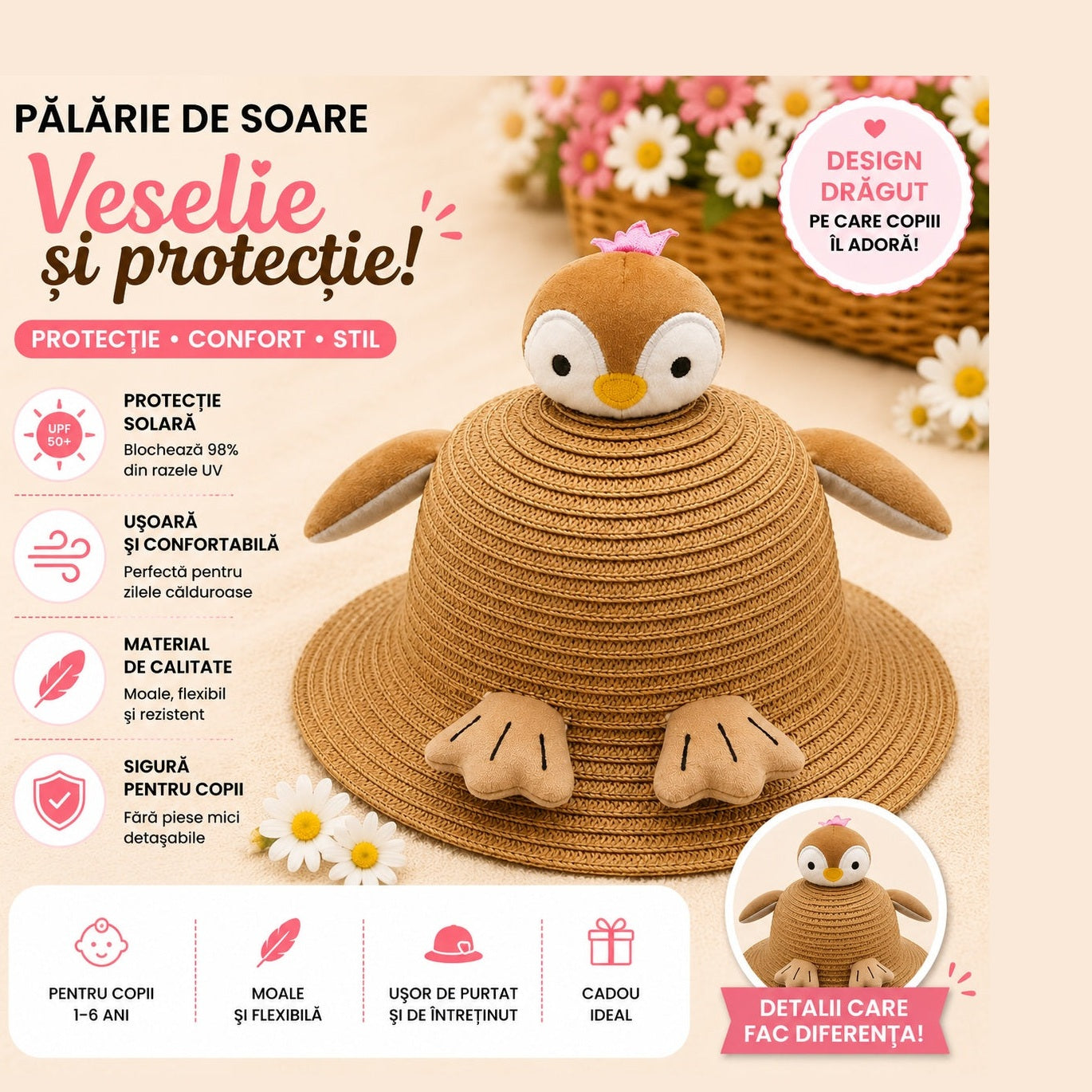 Palarie de Vara Maro pentru Copii, cu Design Pinguin si Protectie UV