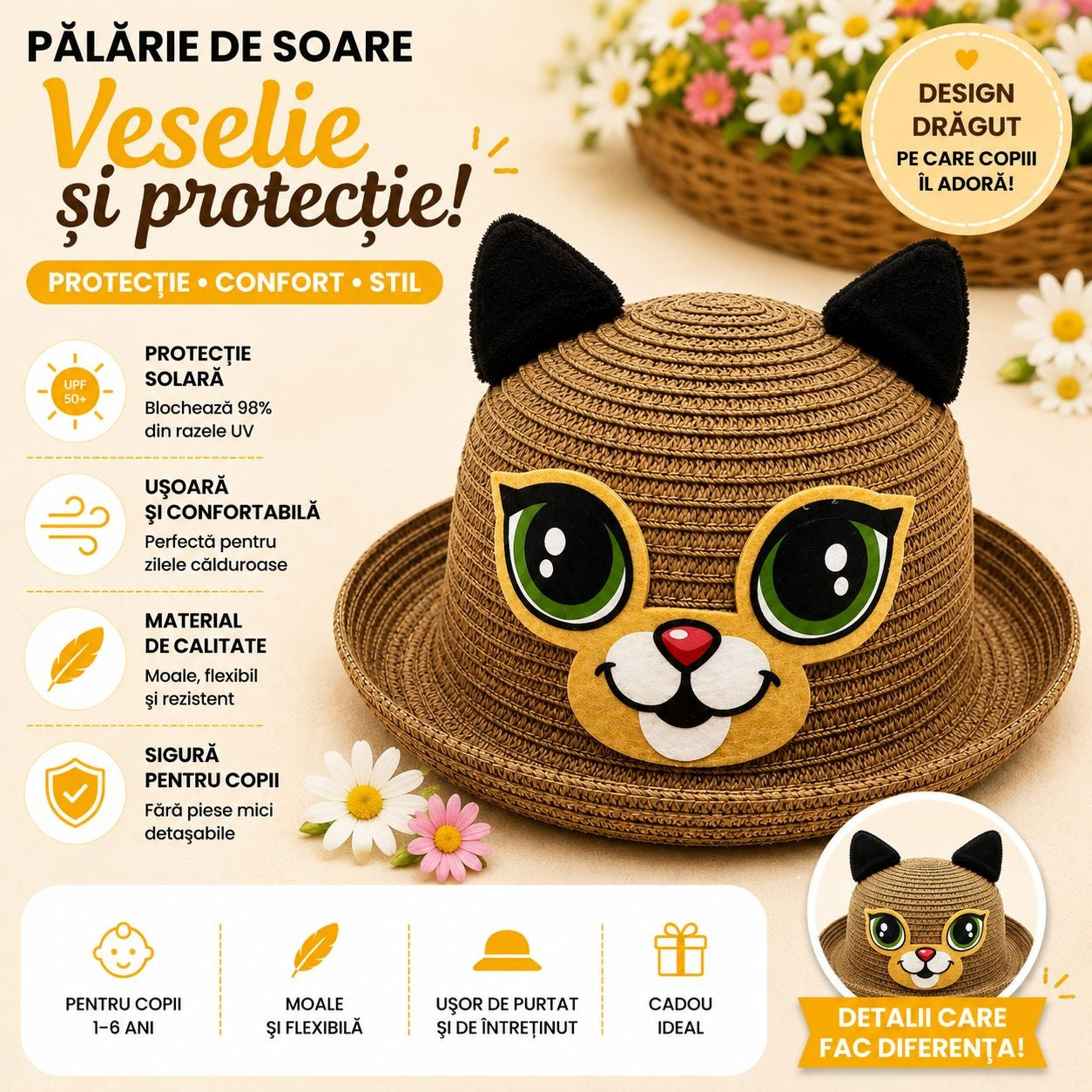 Palarie de Vara Maro pentru Copii, cu Design Pisicuta si Protectie UV