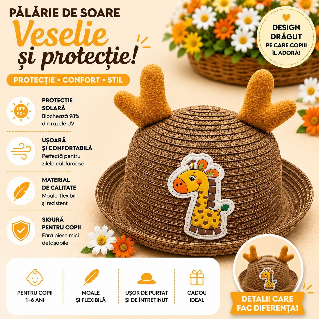 Palarie de Vara Maro pentru Copii cu Girafa, Protectie UV si Design Adorabil