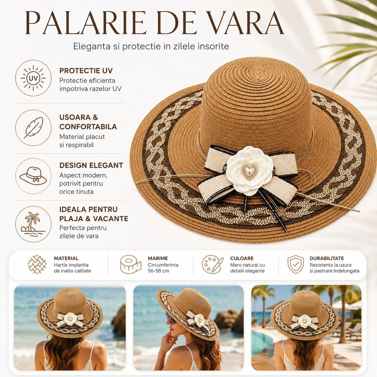 Palarie de Vara Maro pentru Femei, cu Bor Lat, Floare Eleganta si Protectie UV