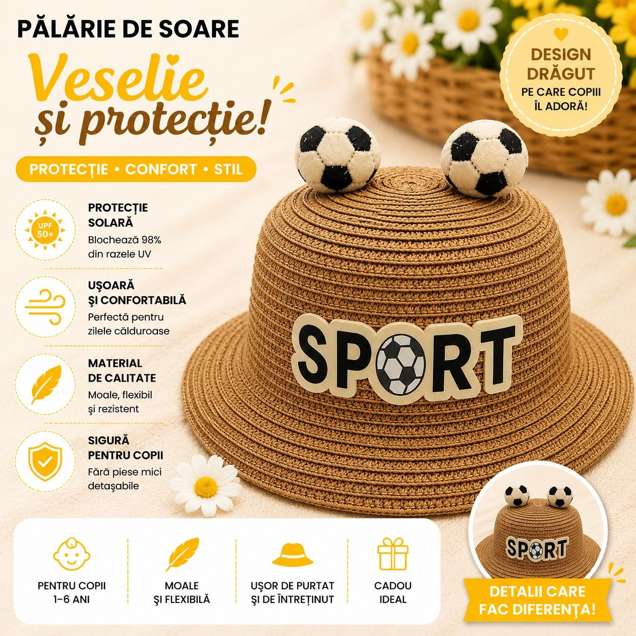 Palarie de Vara Maro Sport pentru Copii, cu Design Minge Fotbal si Protectie UV