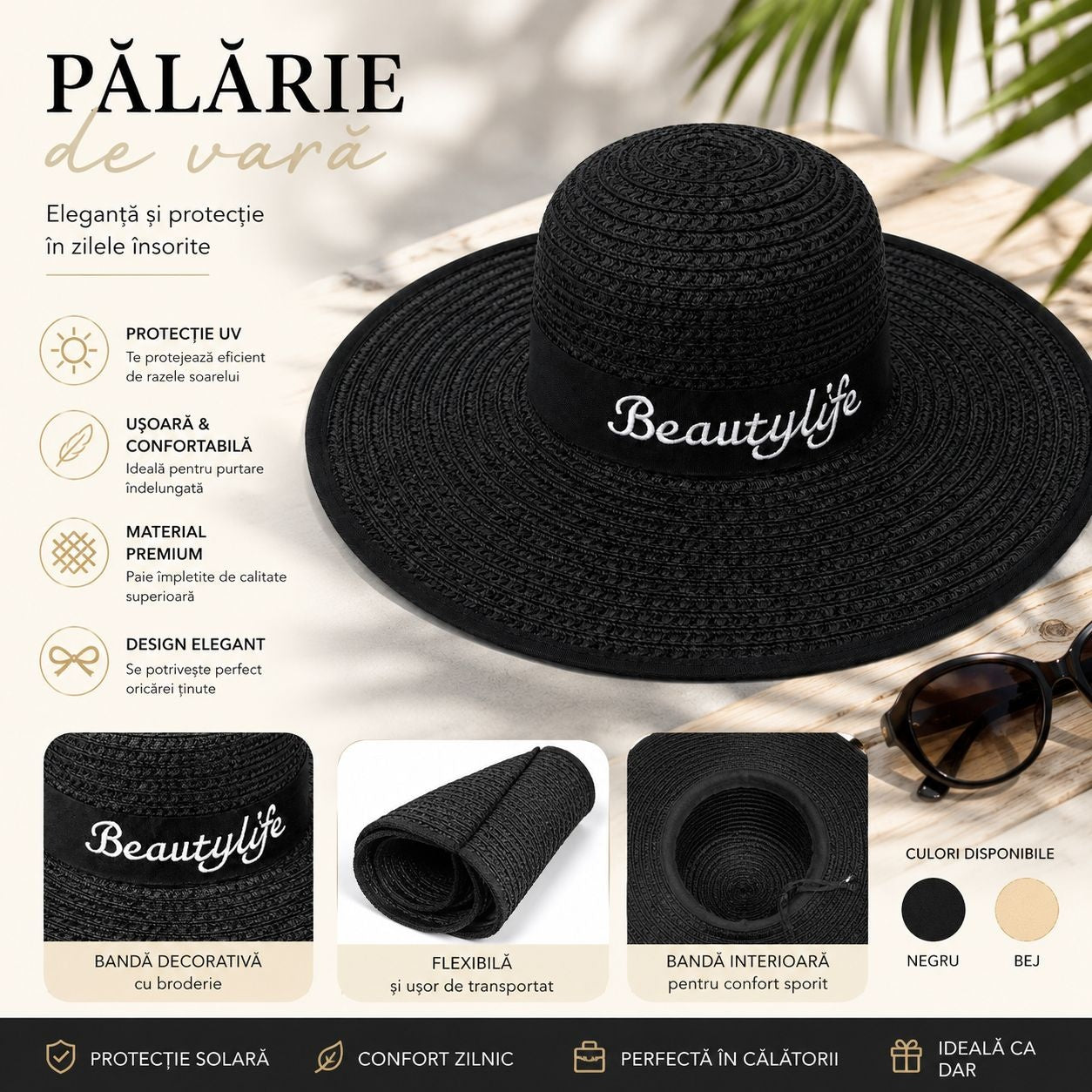 Palarie de Vara Neagra pentru Femei cu Broderie Decorativa si Protectie UV