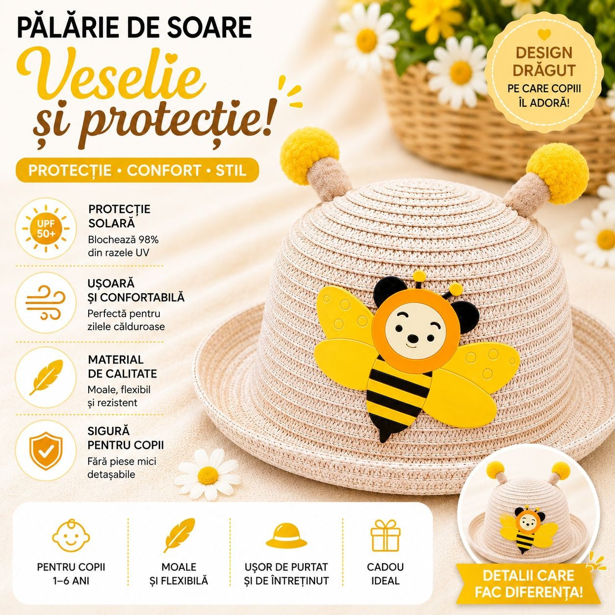 Palarie de Vara pentru Copii cu Albina, Usoara si Confortabila, Design Adorabil