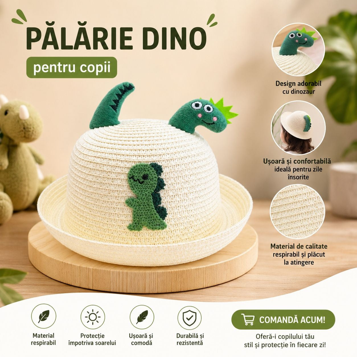 Palarie de Vara pentru Copii cu Dinozaur Verde si Design Adorabil, Usoara si Comoda