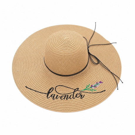 Palarie de Vara pentru Femei, Bej cu Broderie Lavender si Bor Extra Lat Elegant