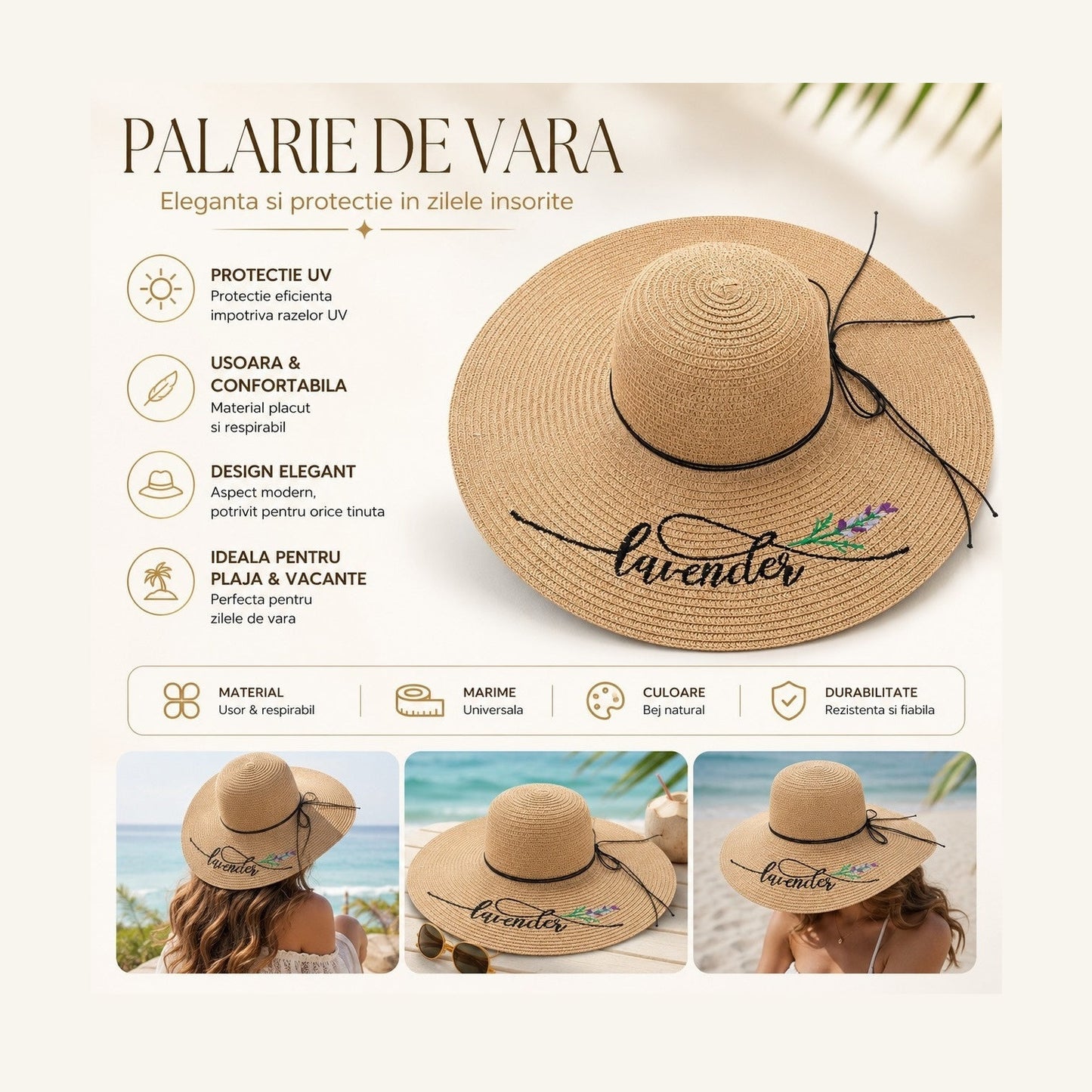 Palarie de Vara pentru Femei, Bej cu Broderie Lavender si Bor Extra Lat Elegant