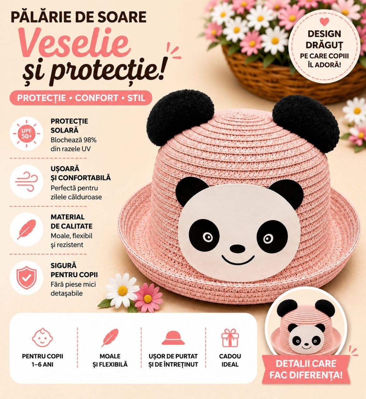 Palarie de Vara Roz cu Panda pentru Copii, Protectie UV si Design Adorabil
