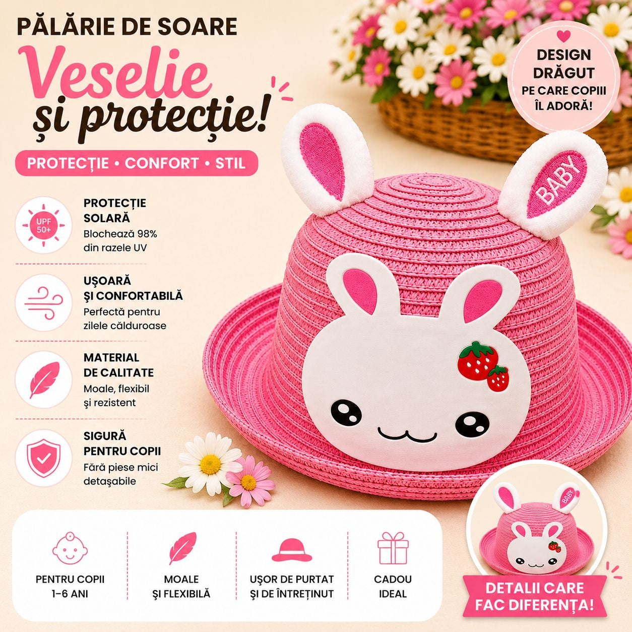 Palarie de Vara Roz Intens cu Iepuras pentru Copii, Protectie UV si Design Dragut