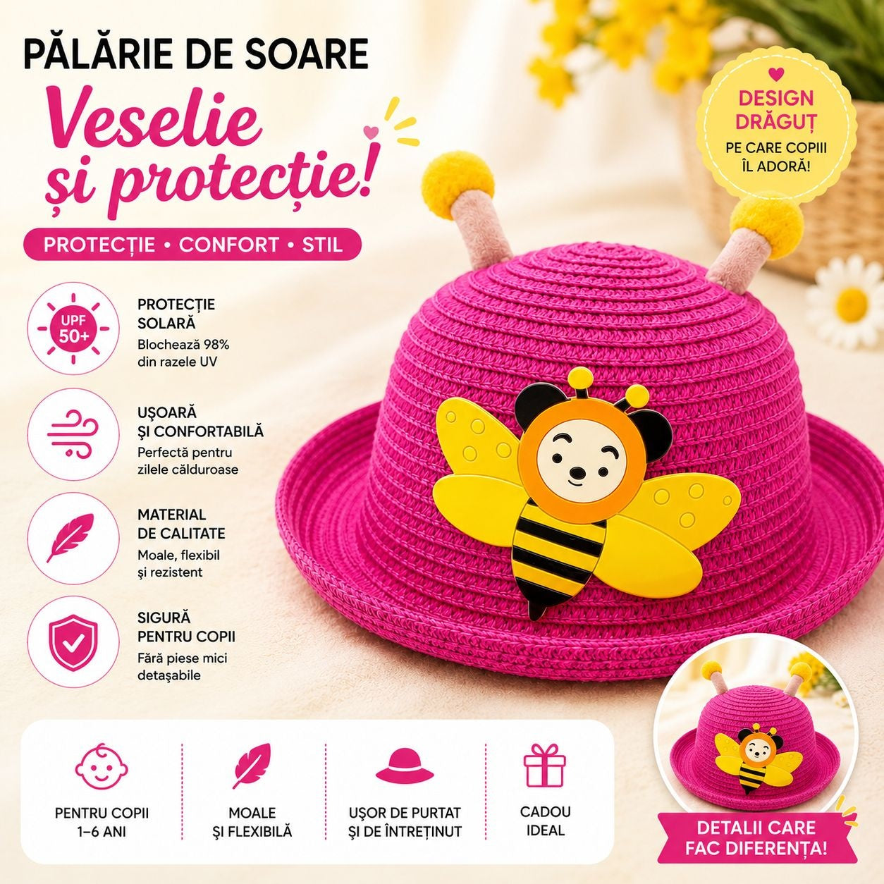 Palarie de Vara Roz pentru Copii, cu Design Albina si Protectie UV