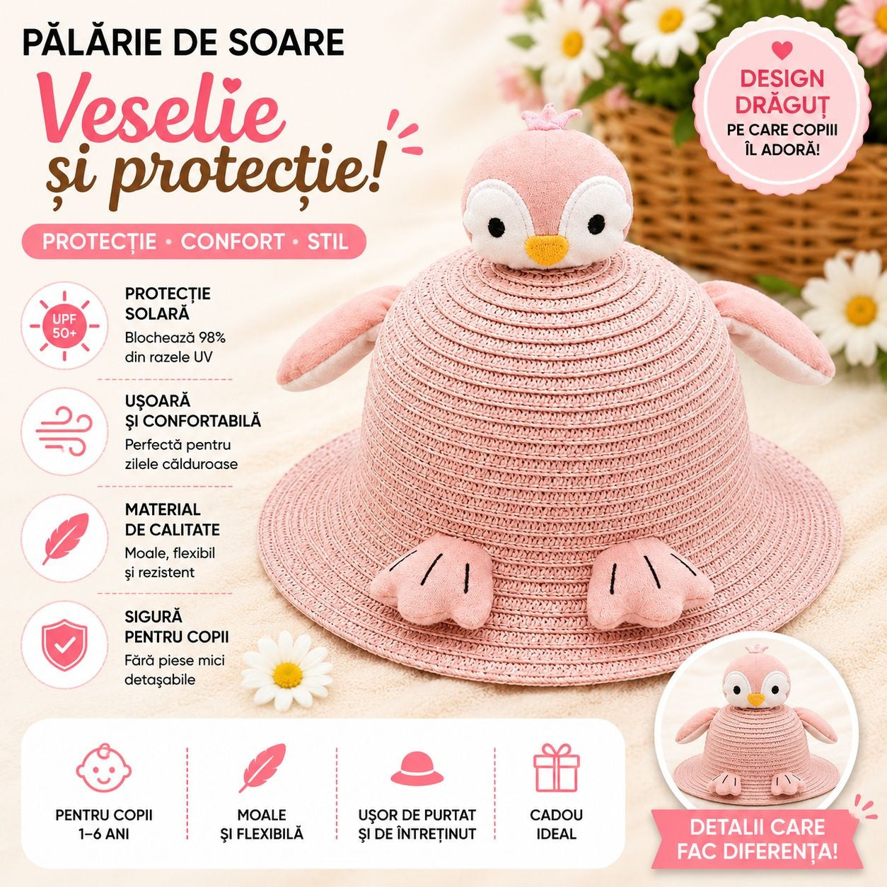 Palarie de Vara Roz pentru Copii, cu Design Pinguin si Protectie UV