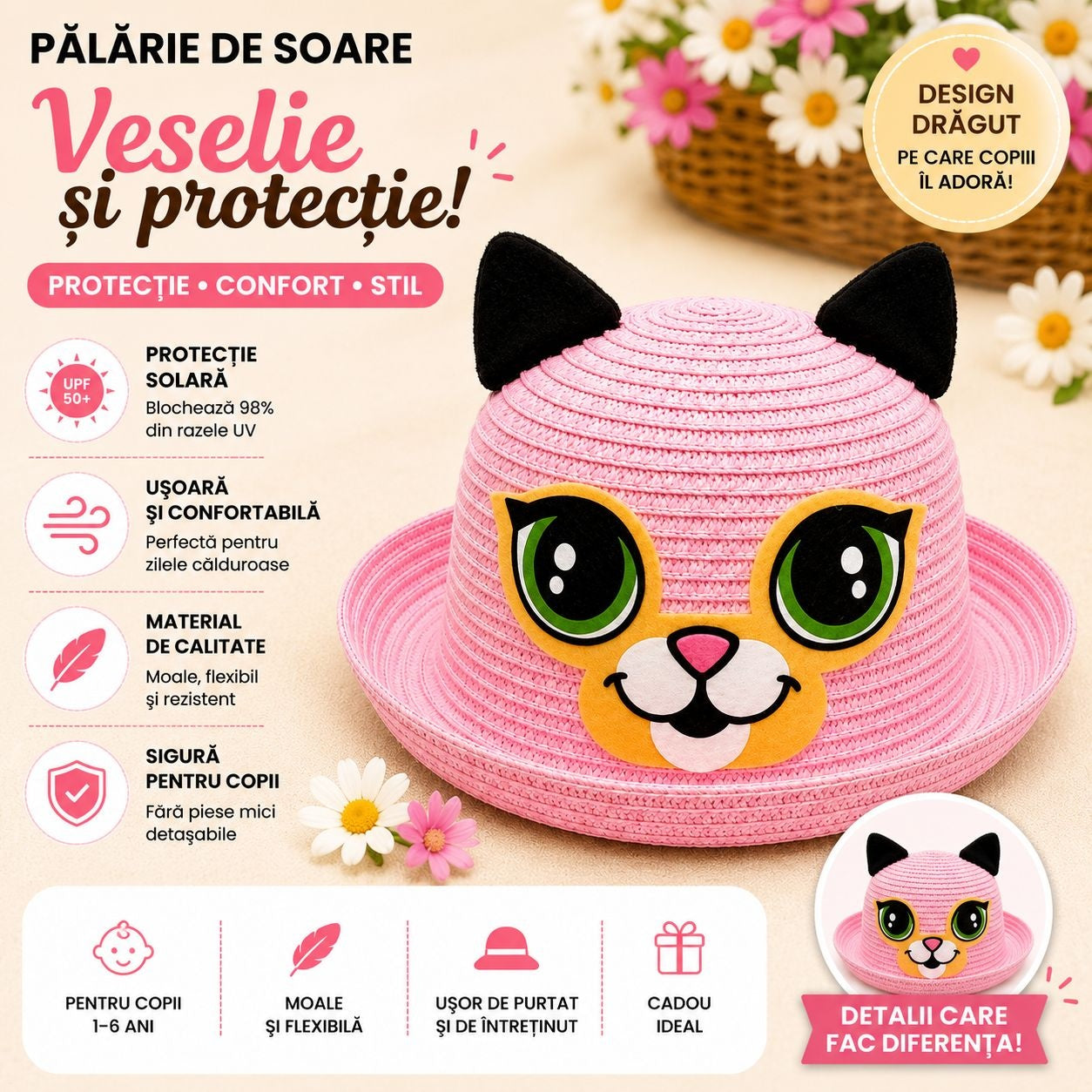 Palarie de Vara Roz pentru Copii, cu Design Pisicuta si Protectie UV
