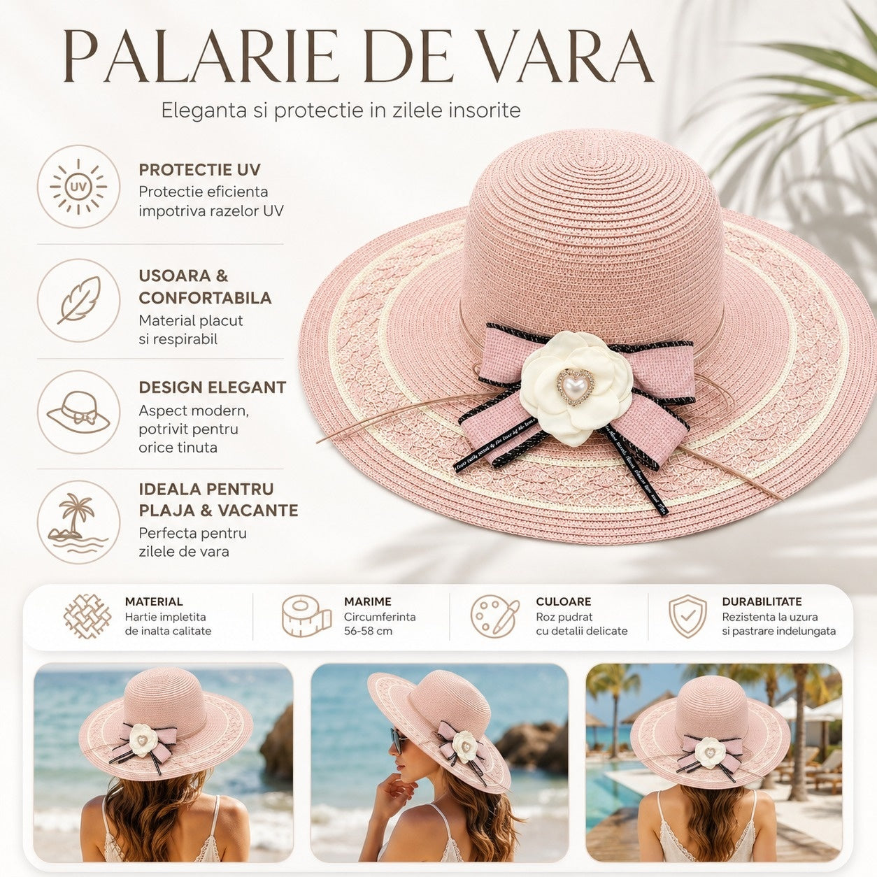 Palarie de Vara Roz pentru Femei, cu Bor Lat, Floare Eleganta si Protectie UV