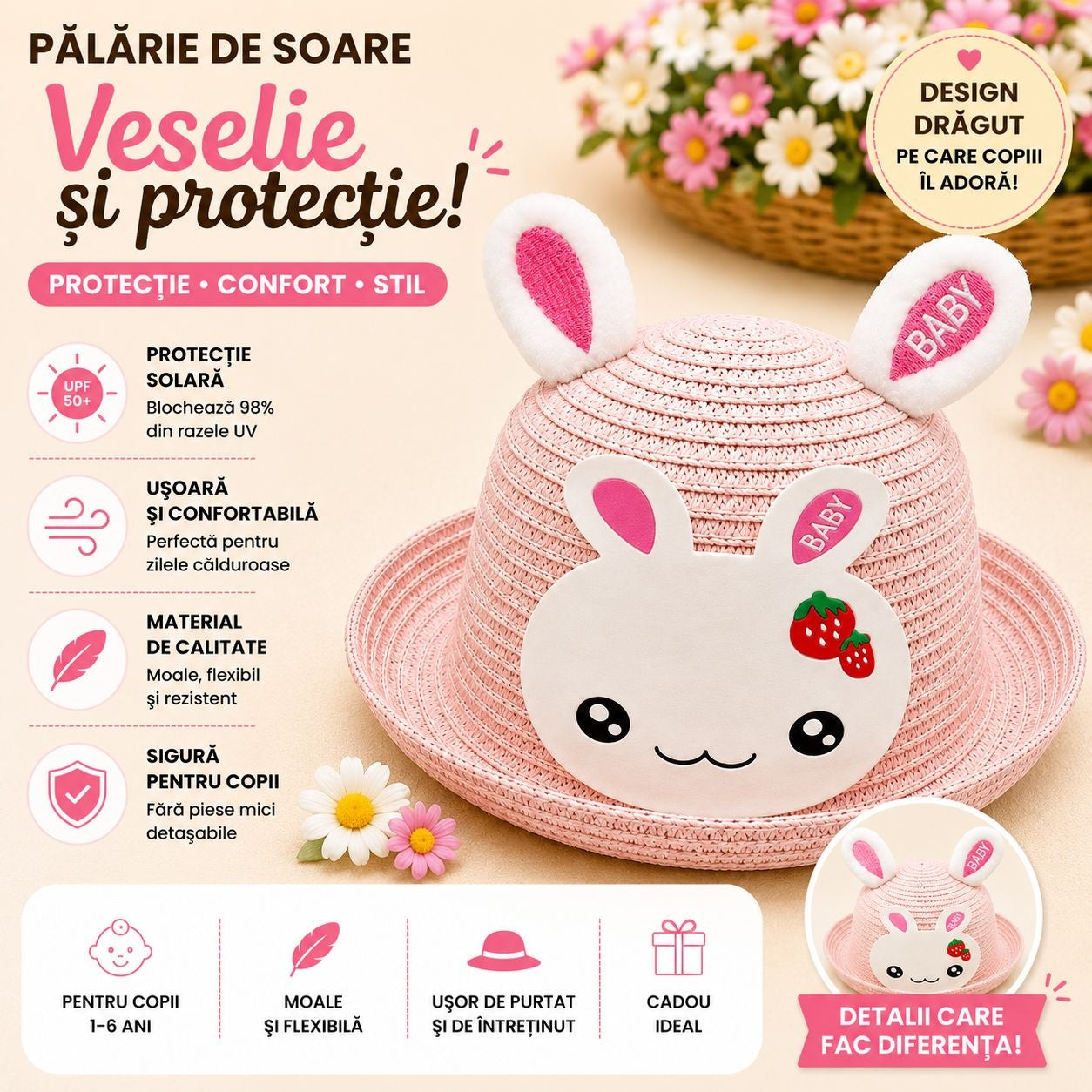 Palarie de Vara Roz Pudrat cu Iepuras pentru Copii, Protectie UV si Design Dragut