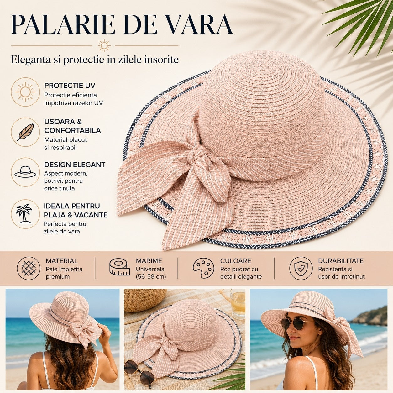Palarie de Vara Roz Pudrat pentru Femei, cu Bor Lat si Fundita Eleganta, Protectie UV