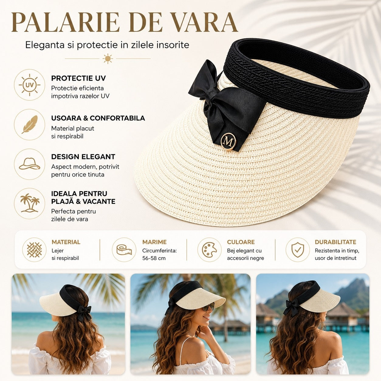Palarie de Vara Tip Cozoroc pentru Femei, Bej cu Fundita Neagra Eleganta