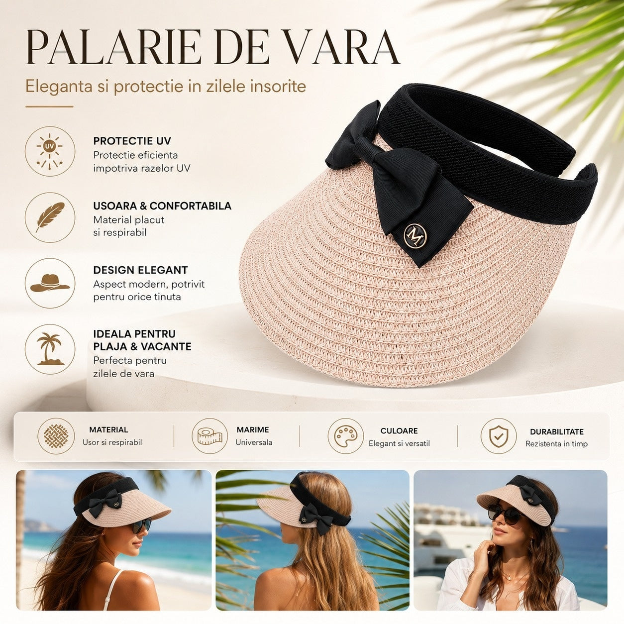 Palarie de Vara Tip Cozoroc pentru Femei, Roz Pudrat cu Fundita Neagra Eleganta