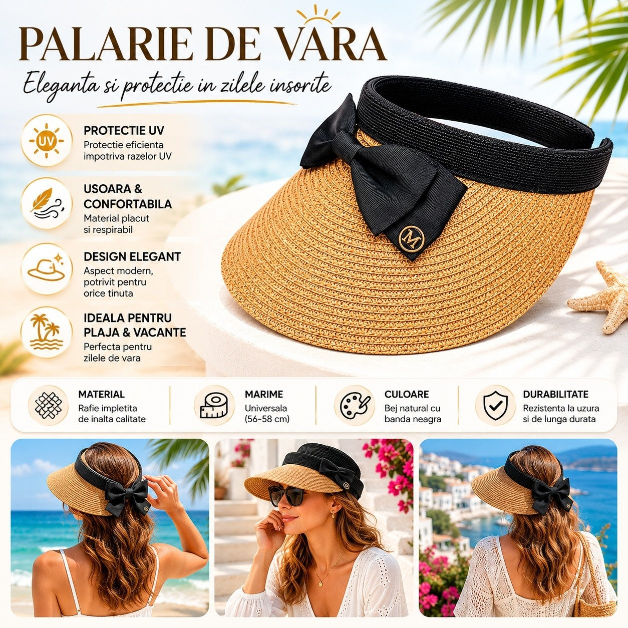 Palarie de Vara Tip Viziera pentru Femei, cu Fundita Eleganta si Protectie UV