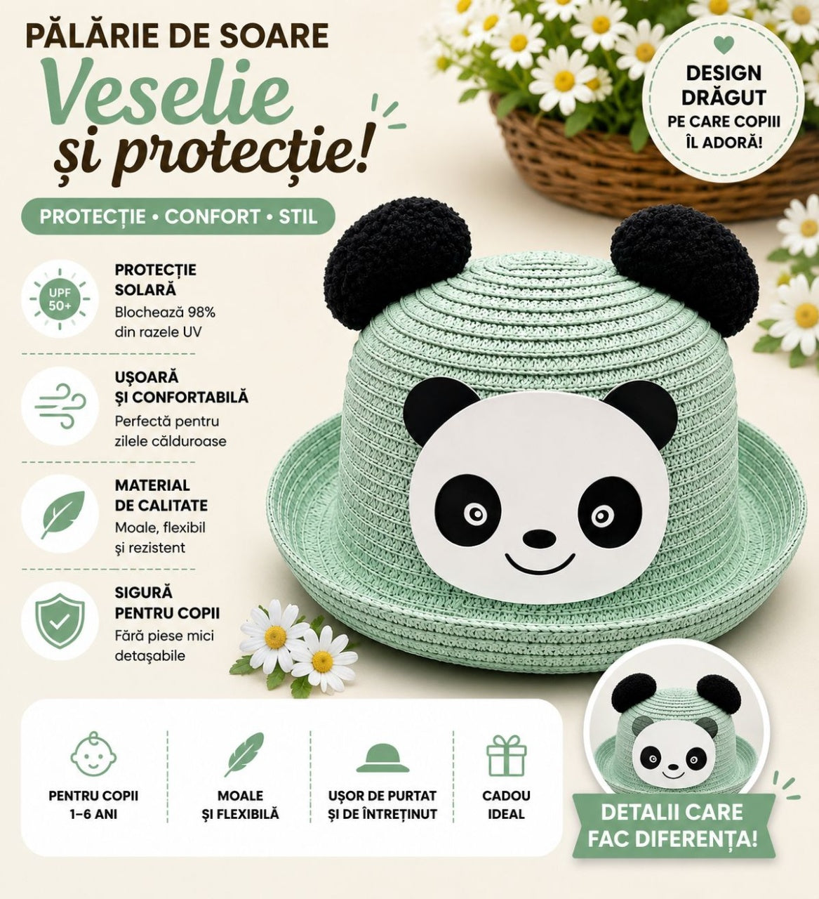 Palarie de Vara Verde Menta cu Panda pentru Copii, Protectie UV si Design Adorabil