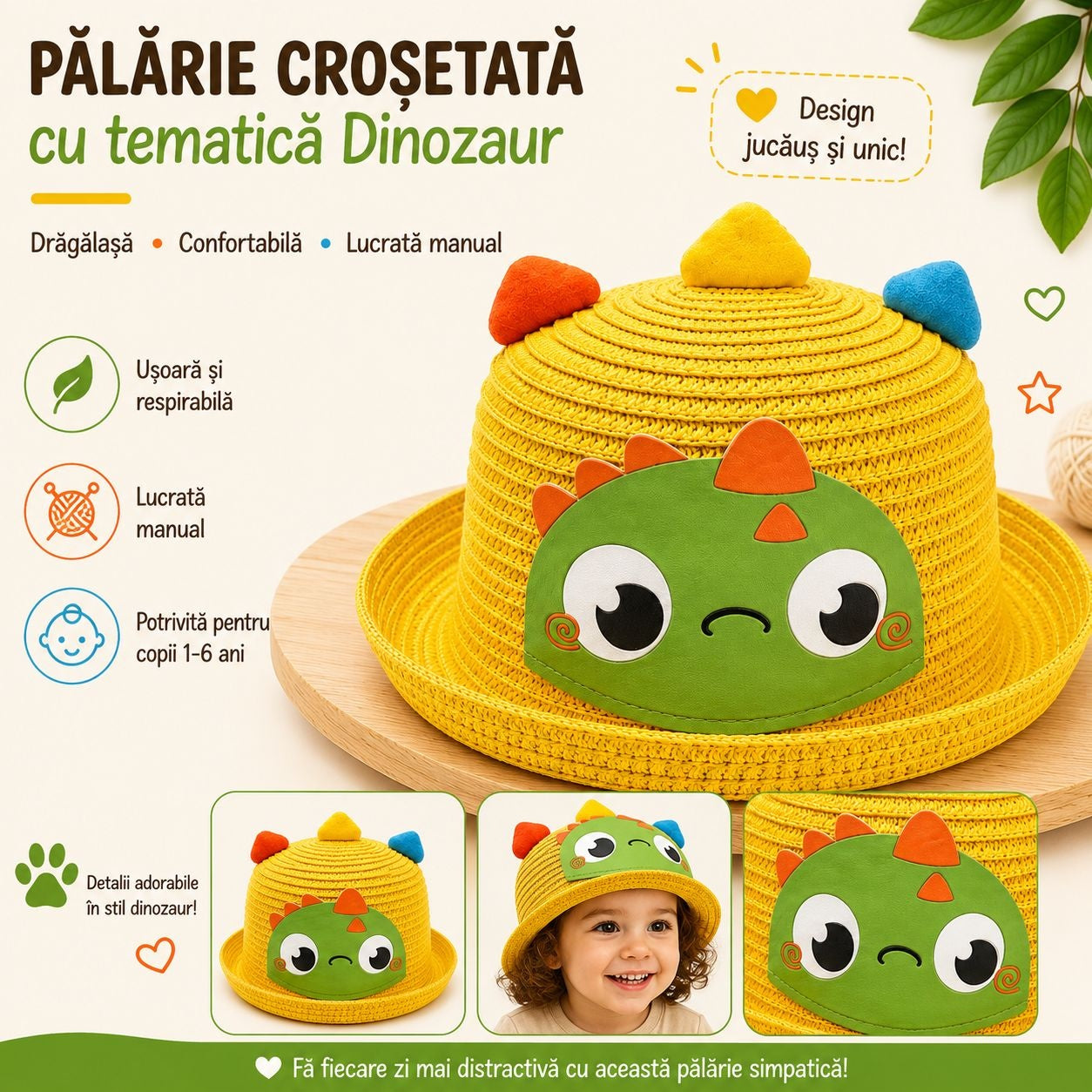 Palarie galbena copii cu dinozaur verde, crosetata manual, bumbac