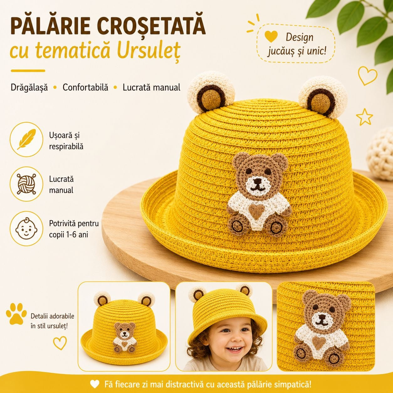 Palarie galbena copii cu ursulet, crosetata manual, bumbac, model vesel