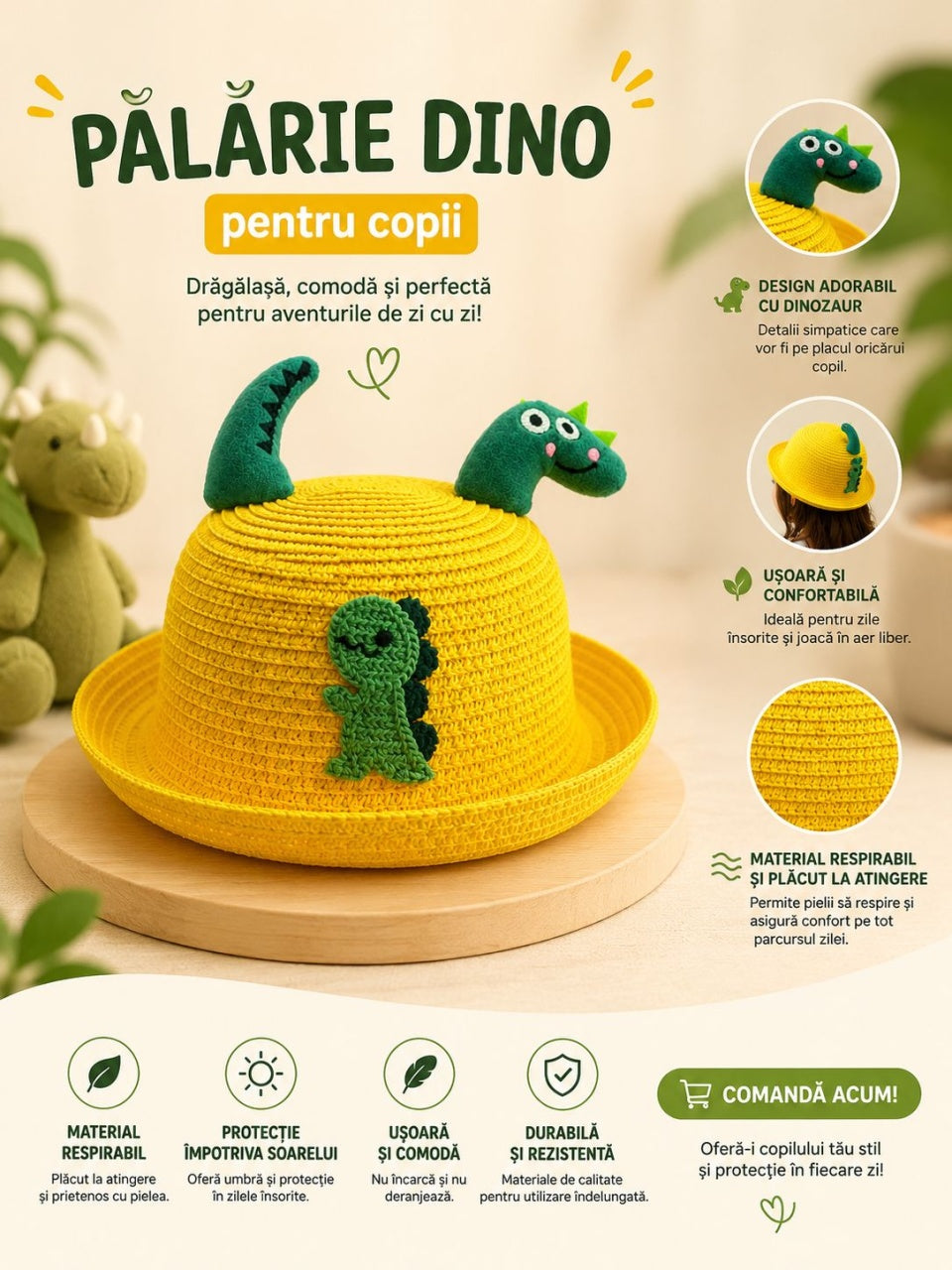 Palarie galbena pentru copii cu model dinozaur decorativ, usoara si confortabila