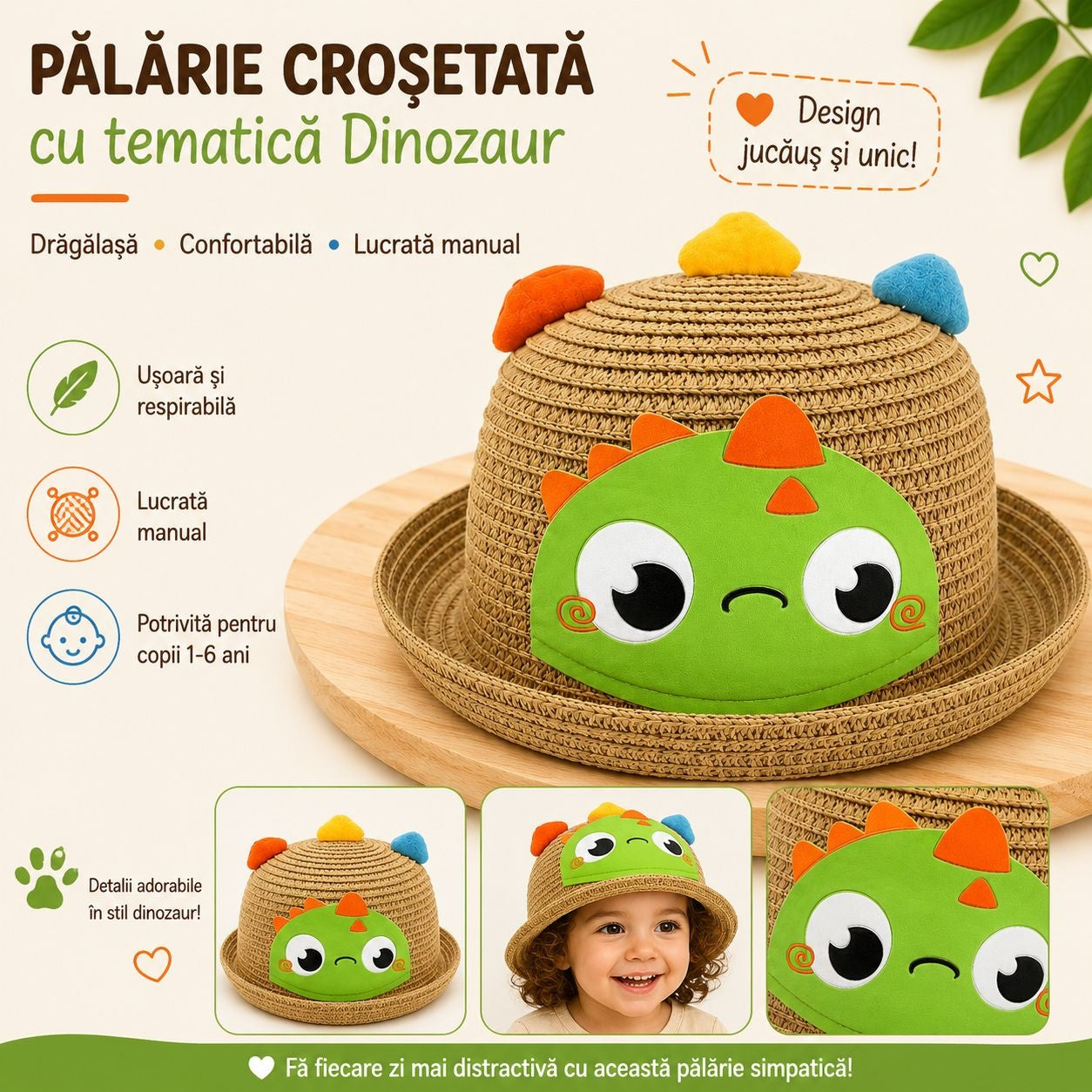 Palarie maro copii cu dinozaur verde, crosetata manual, bumbac