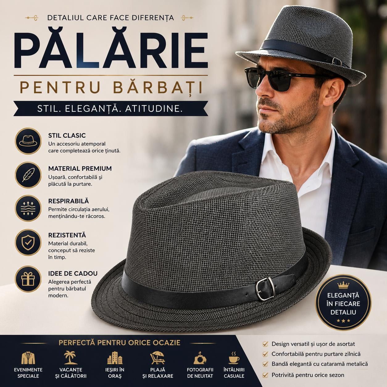 Pălărie Neagră pentru Bărbați cu Bandă Elegantă și Cataramă – Stil Clasic și Modern