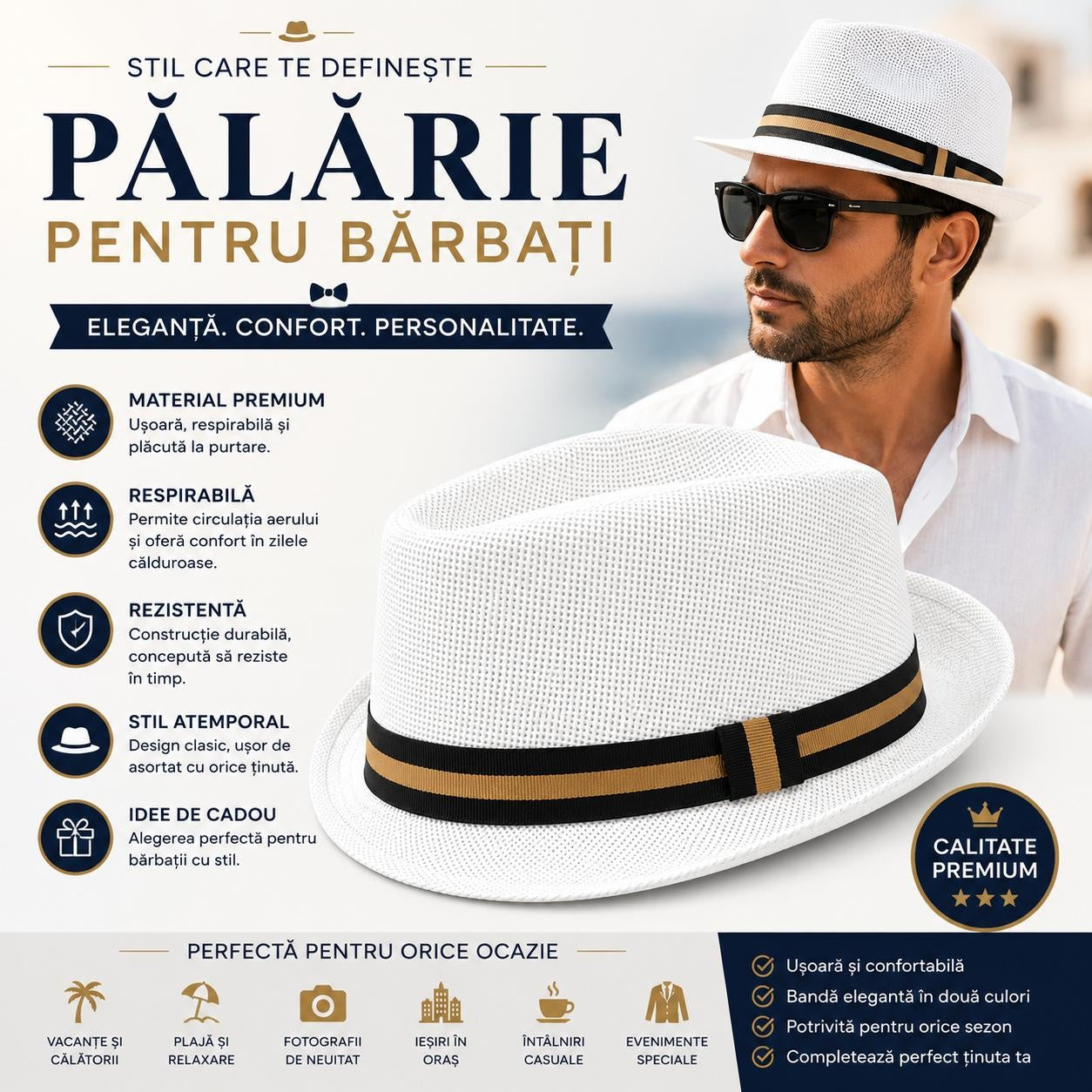 Pălărie Panama Albă pentru Bărbați - Elegantă, Respirabilă și Modernă pentru Vară