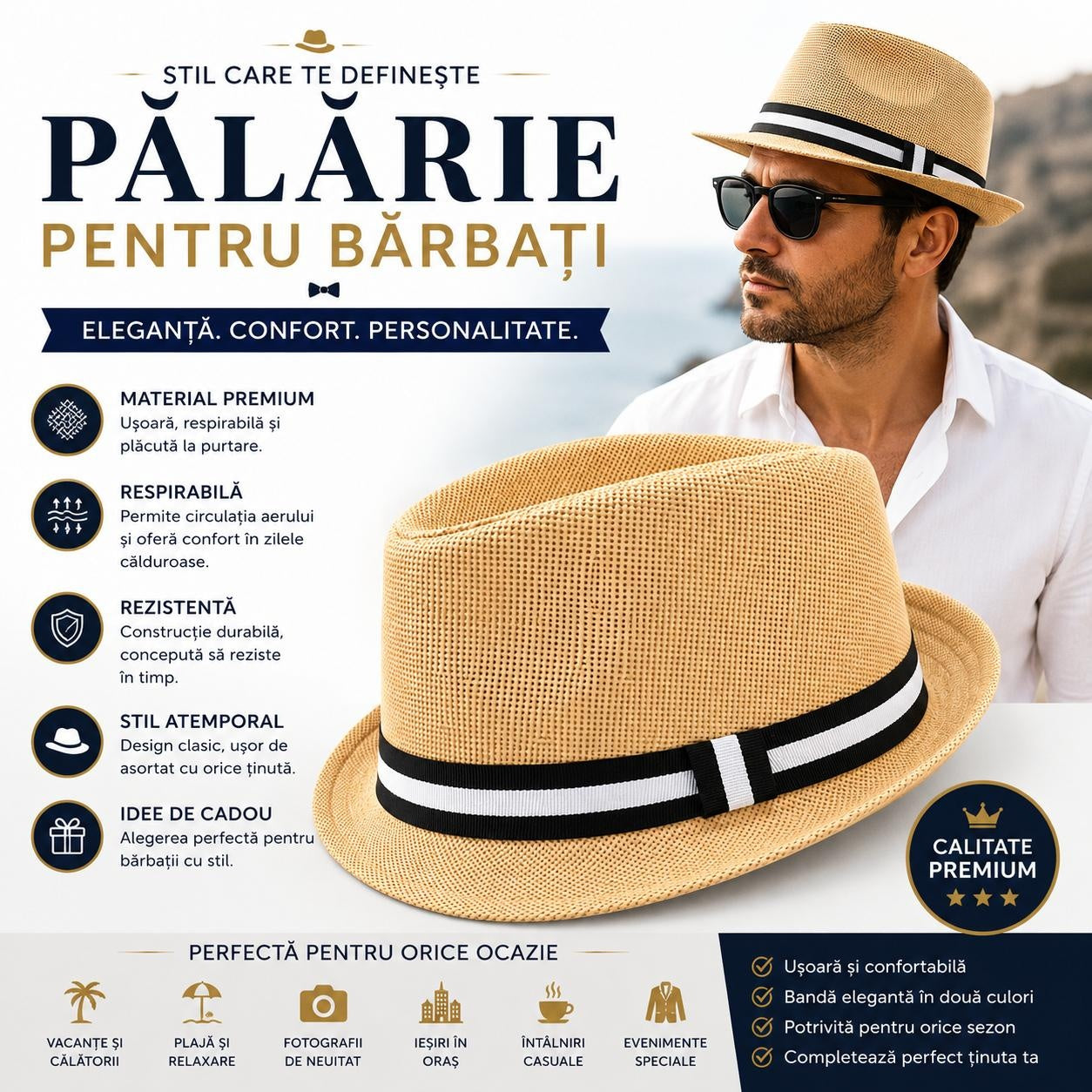 Pălărie Panama Bărbați Bej - Elegantă, Ușoară și Respirabilă pentru Vară