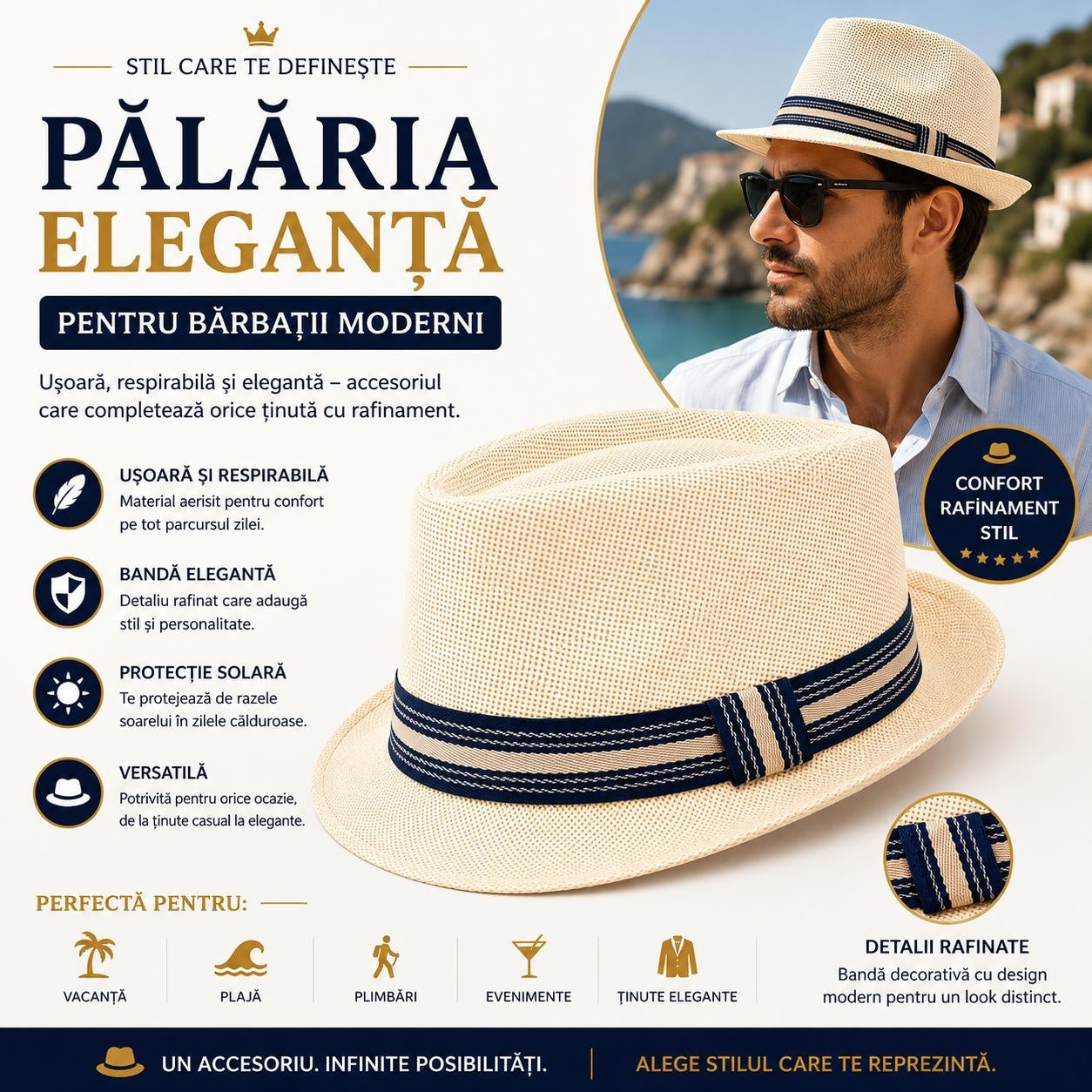Pălărie Panama Bărbați Crem - Elegantă, Respirabilă și Versatilă pentru Vară