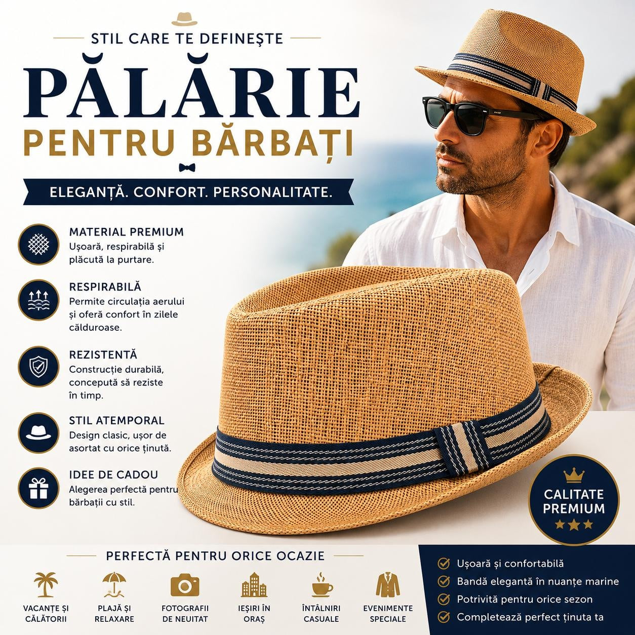 Pălărie Panama Bărbați Maro-Bej - Elegantă, Respirabilă și Confortabilă pentru Vară