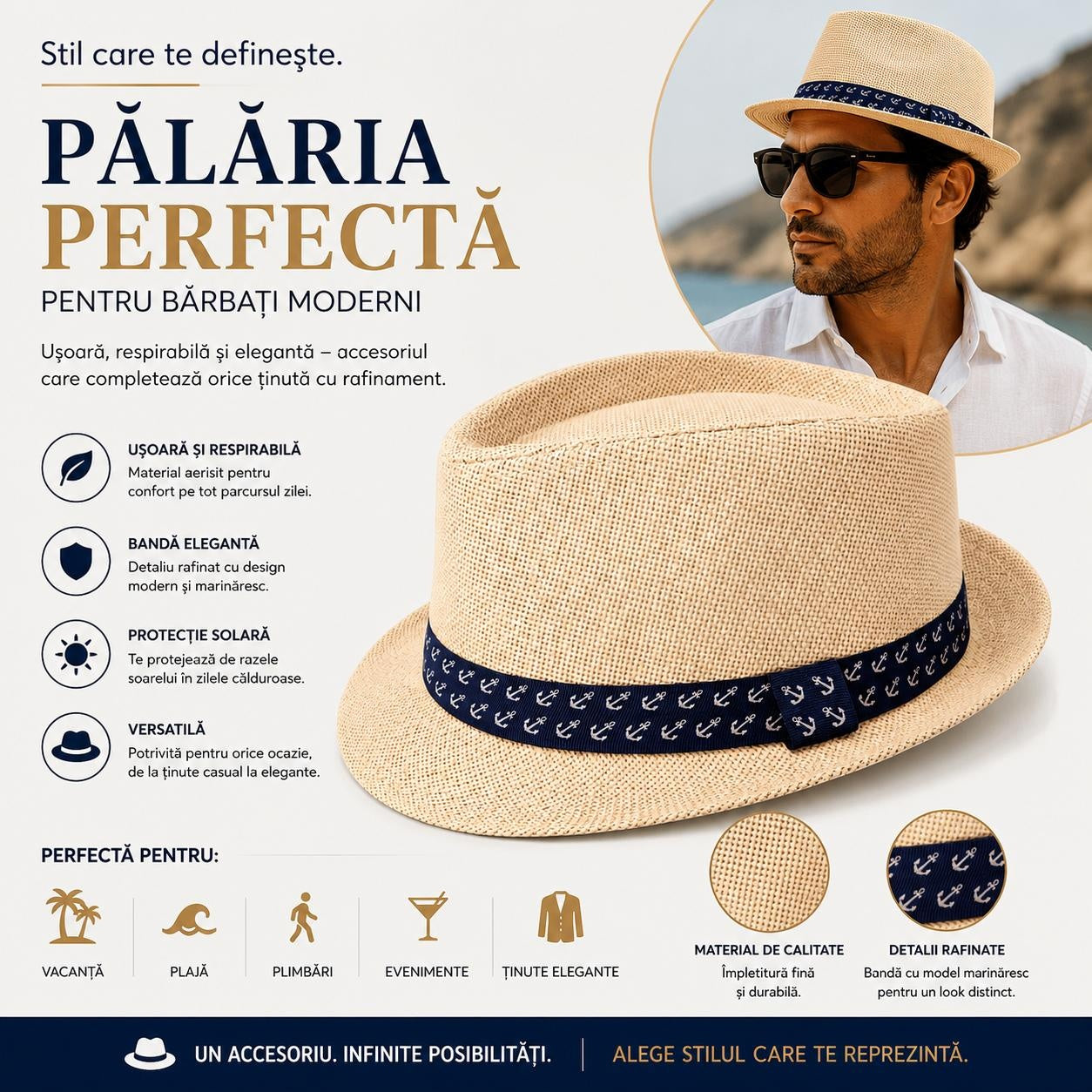 Pălărie Panama Bej pentru Bărbați cu Bandă Bleumarin Model Ancoră – Elegantă și Respirabilă