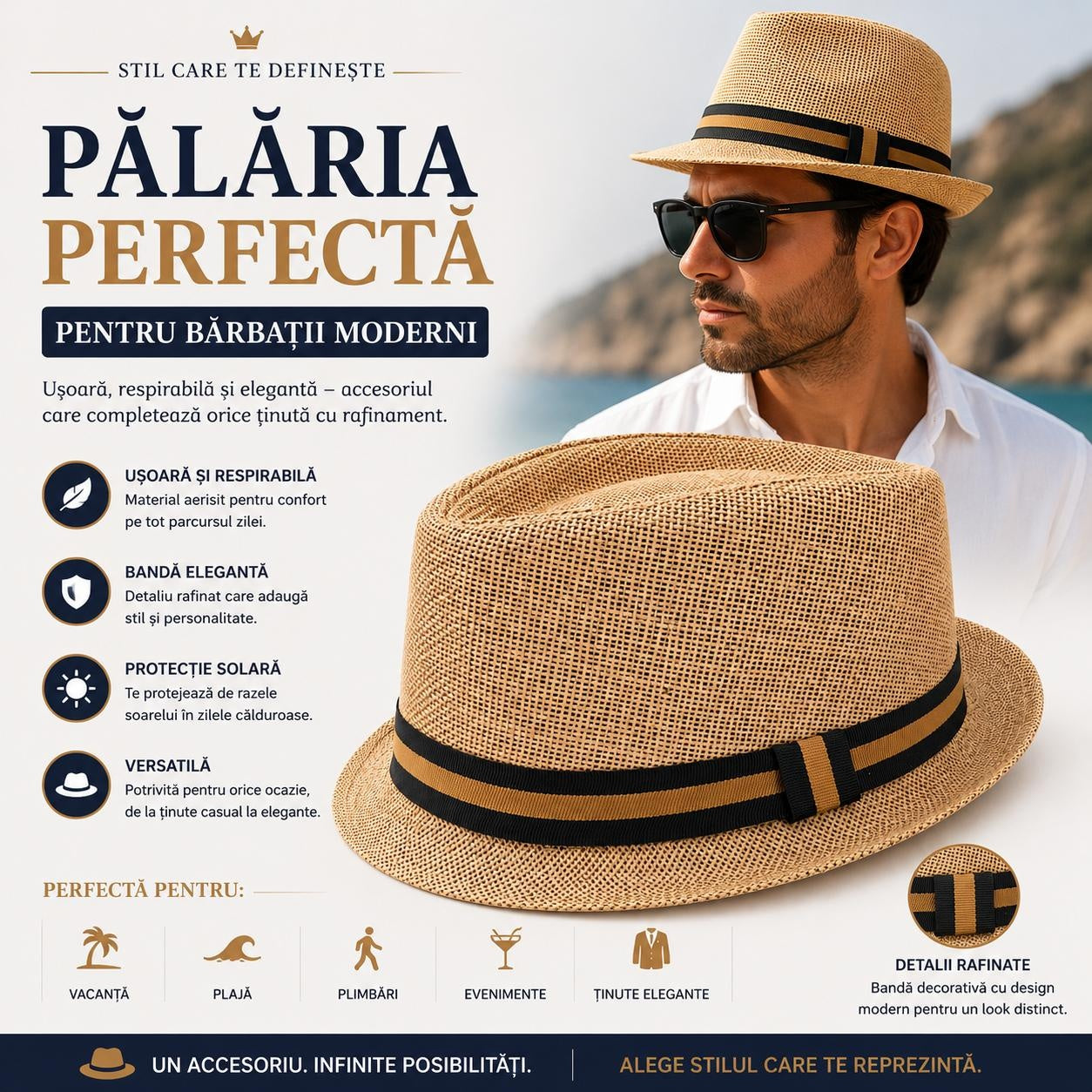 Pălărie Panama Bej pentru Bărbați - Elegantă, Respirabilă și Confortabilă pentru Vară