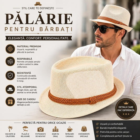 Pălărie Panama Crem pentru Bărbați cu Bandă Împletită Maro – Elegantă și Respirabilă