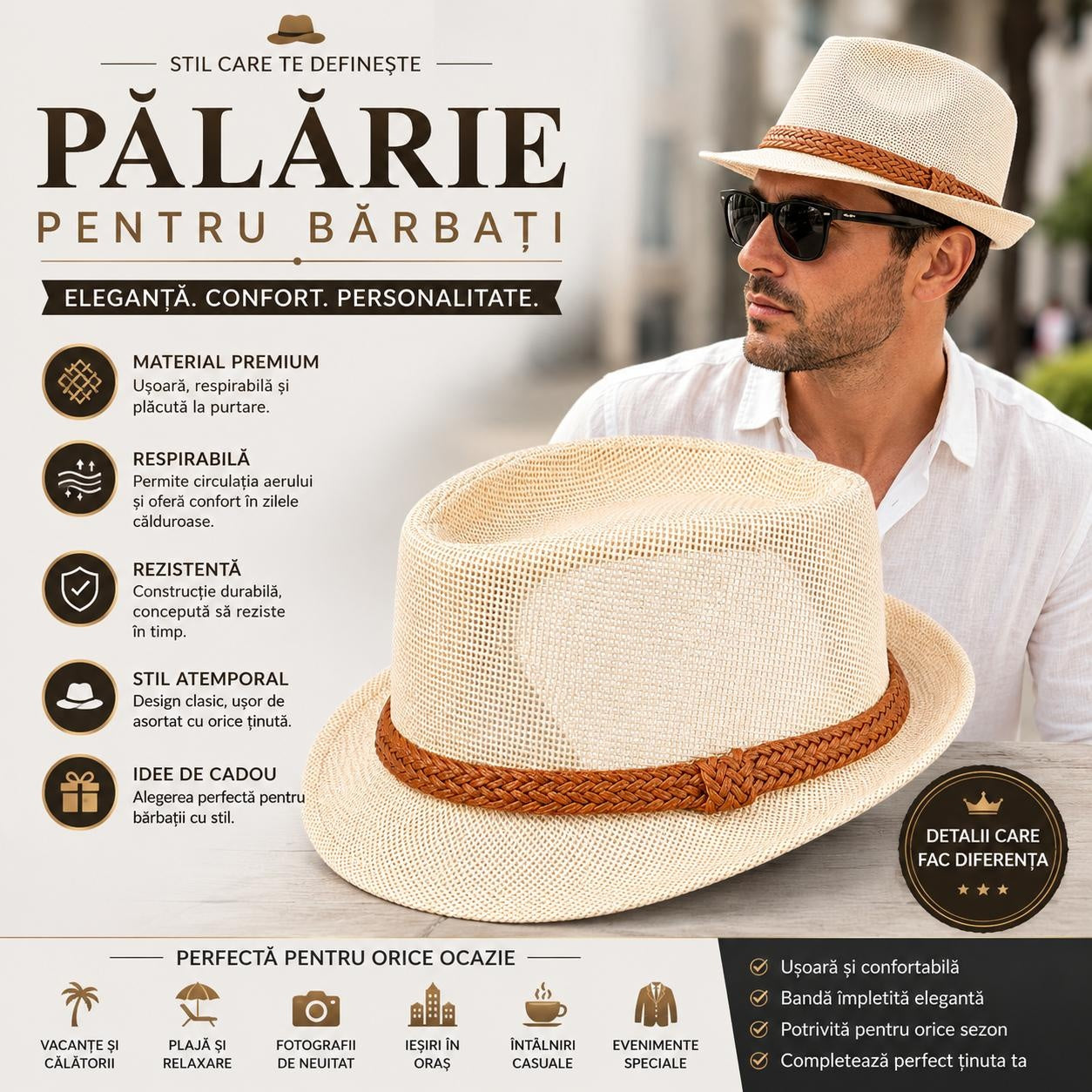 Pălărie Panama Crem pentru Bărbați cu Bandă Împletită Maro – Elegantă și Respirabilă