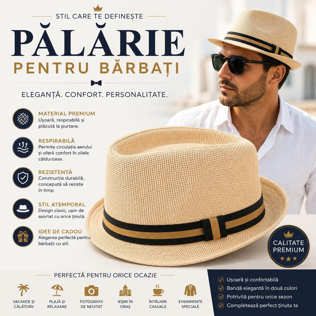 Pălărie Panama Crem pentru Bărbați - Elegantă, Respirabilă și Modernă pentru Vară
